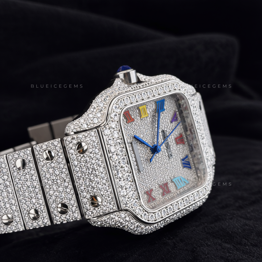 Celestial Prism: Fully Iced-Out Custom Rainbow Roman Watch