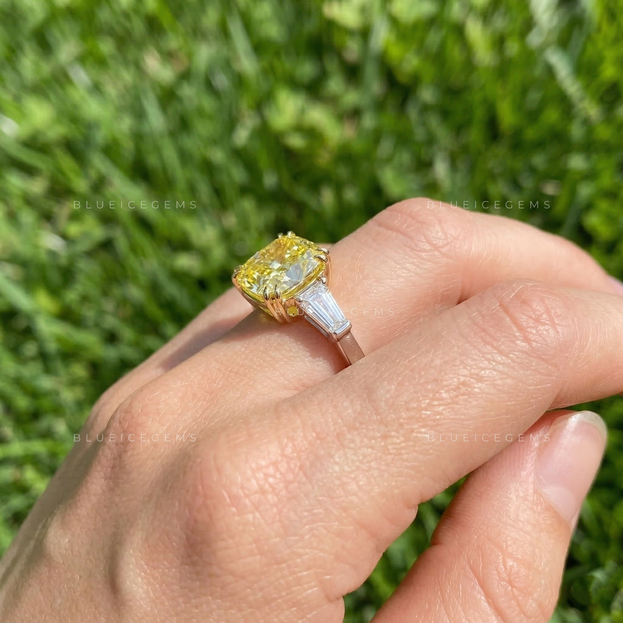 Radiant Canary Cushion Cut Three-Stone Ring