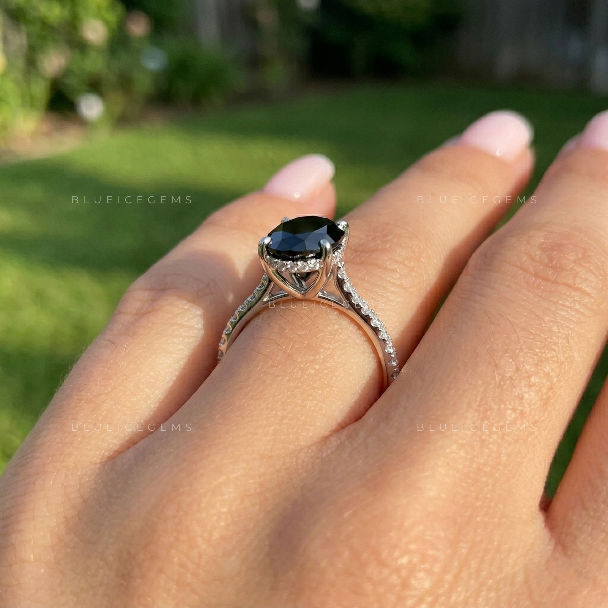 Mystic Radiance Moval Cut Black Moissanite Trilogy Ring