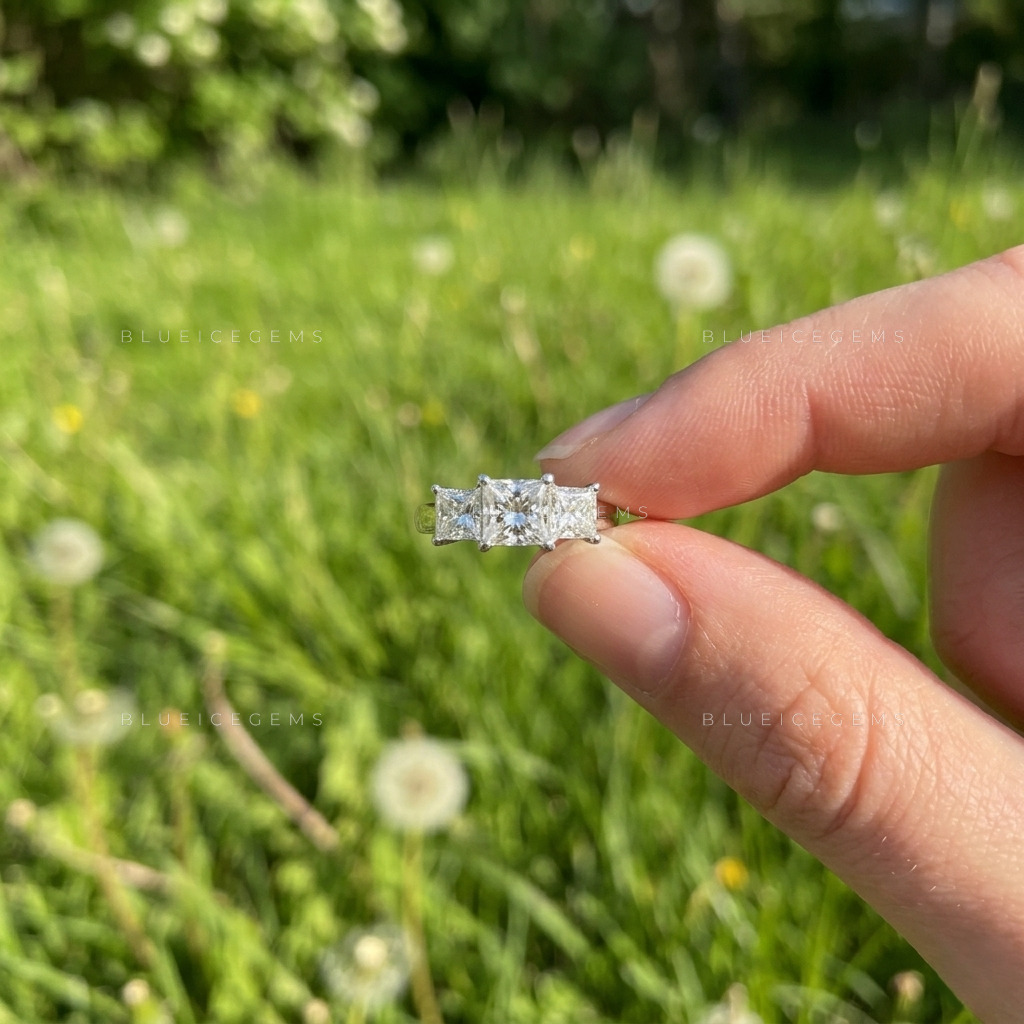 Bold Princess Cut Three-Stone Architectural Engagement Band