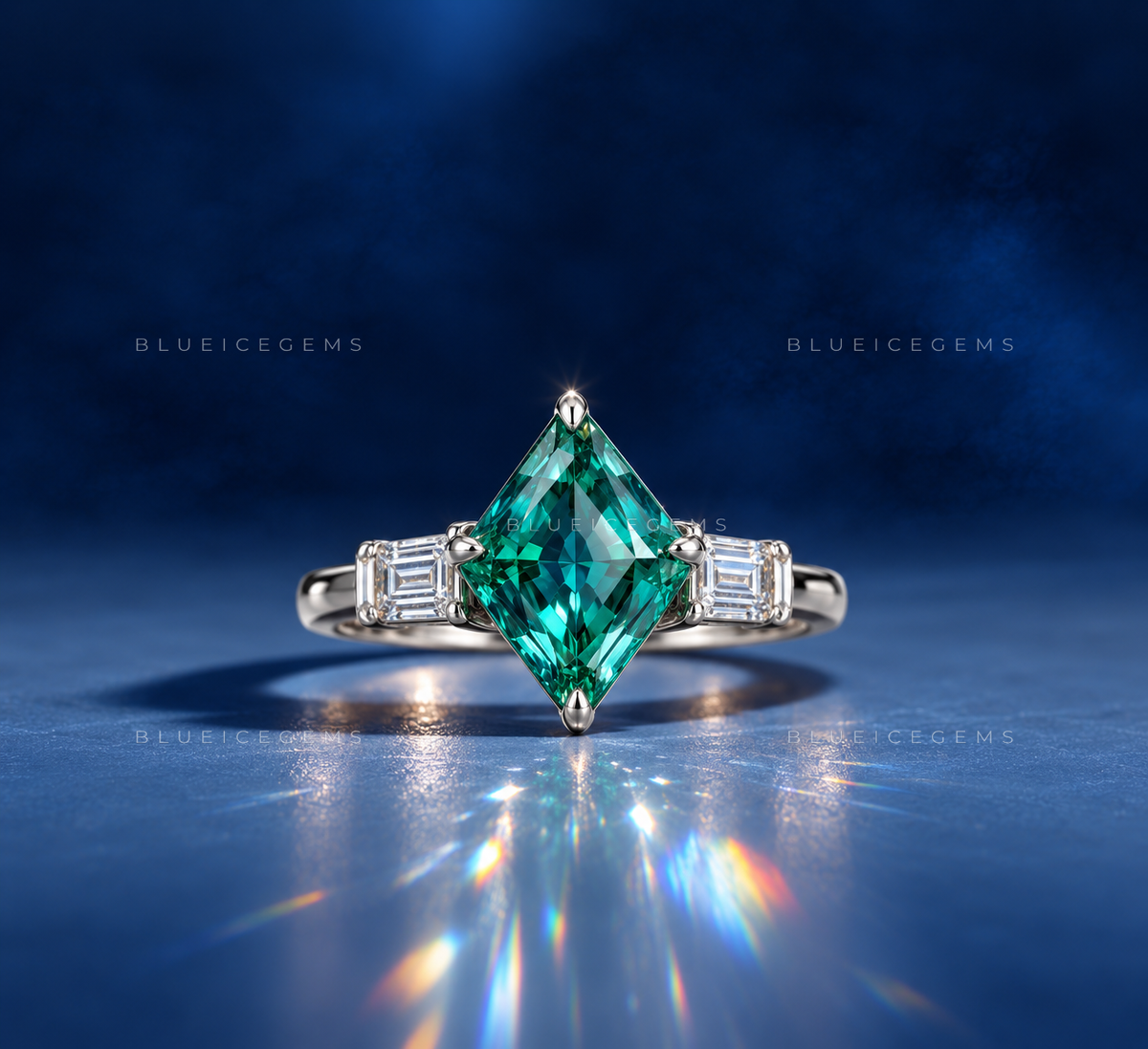 Mystic Forest Lozenge Cut Baguette Three Stone Ring