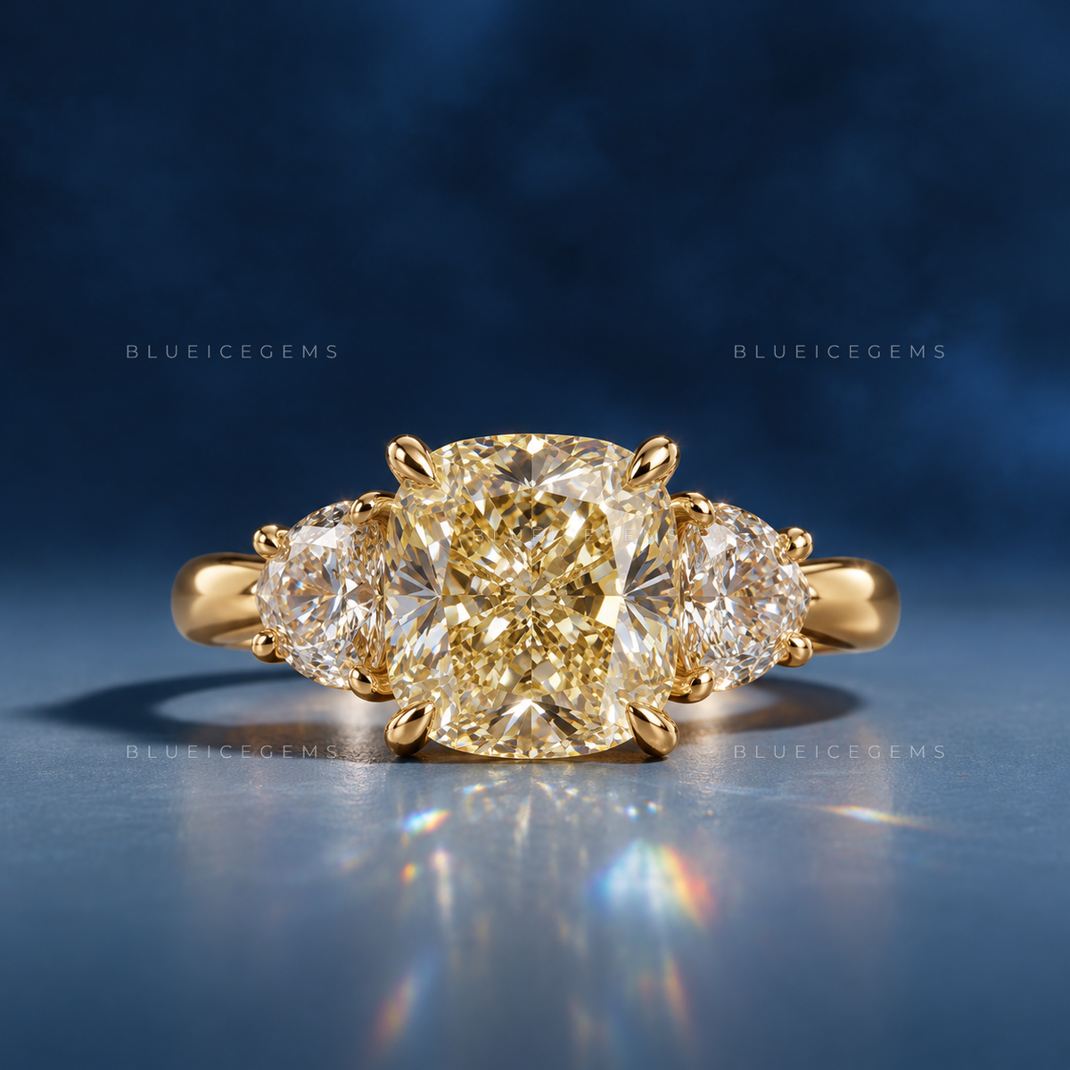 Golden Glow Cushion Cut Half Moon Trilogy Ring