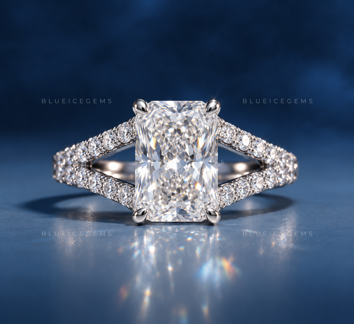 Sophisticated Radiant Brilliant Cut Cathedral Split Shank Statement Ring