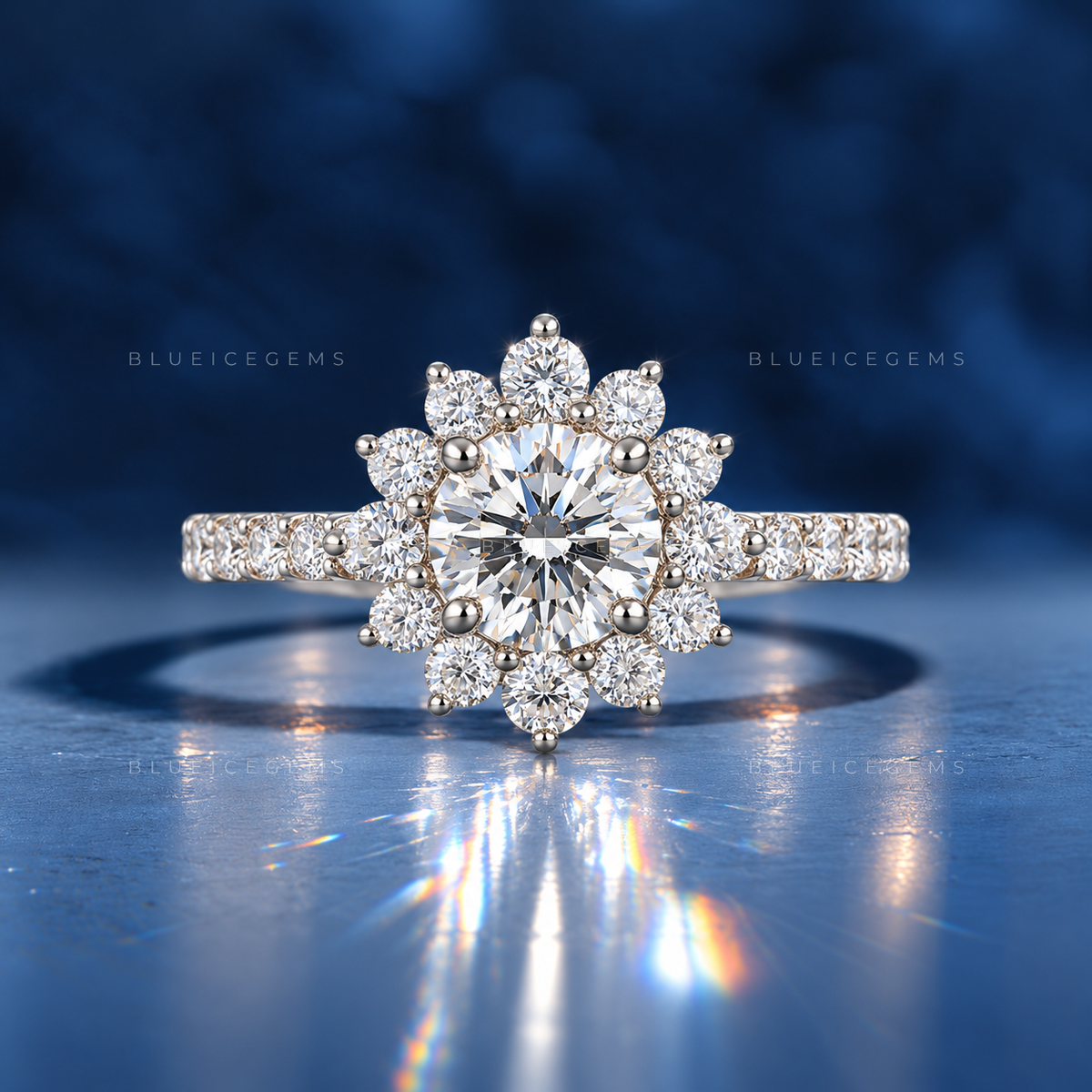 Distinctive Low-Profile Round Brilliant Cut Halo Cluster Keepsake Ring