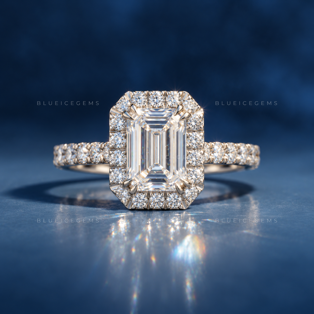 Sophisticated Emerald Cut Halo and Pave Statement Engagement Ring