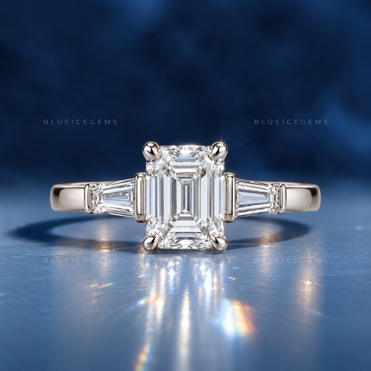 Emerald Cut Trilogy Engagement Ring with Tapered Baguettes