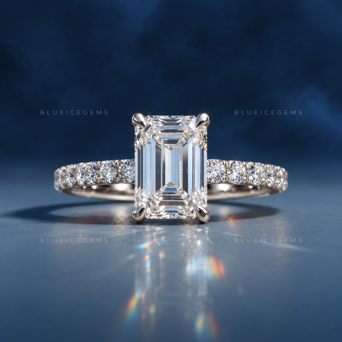 Emerald-Cut Cathedral Setting Pave Accented Engagement Ring
