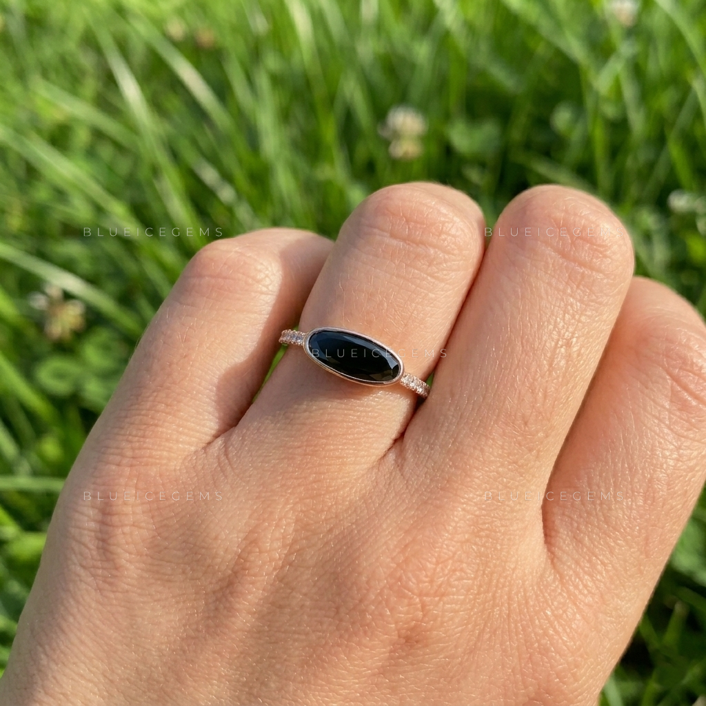 Midnight Noir Moval Cut Black Moissanite Accent Ring