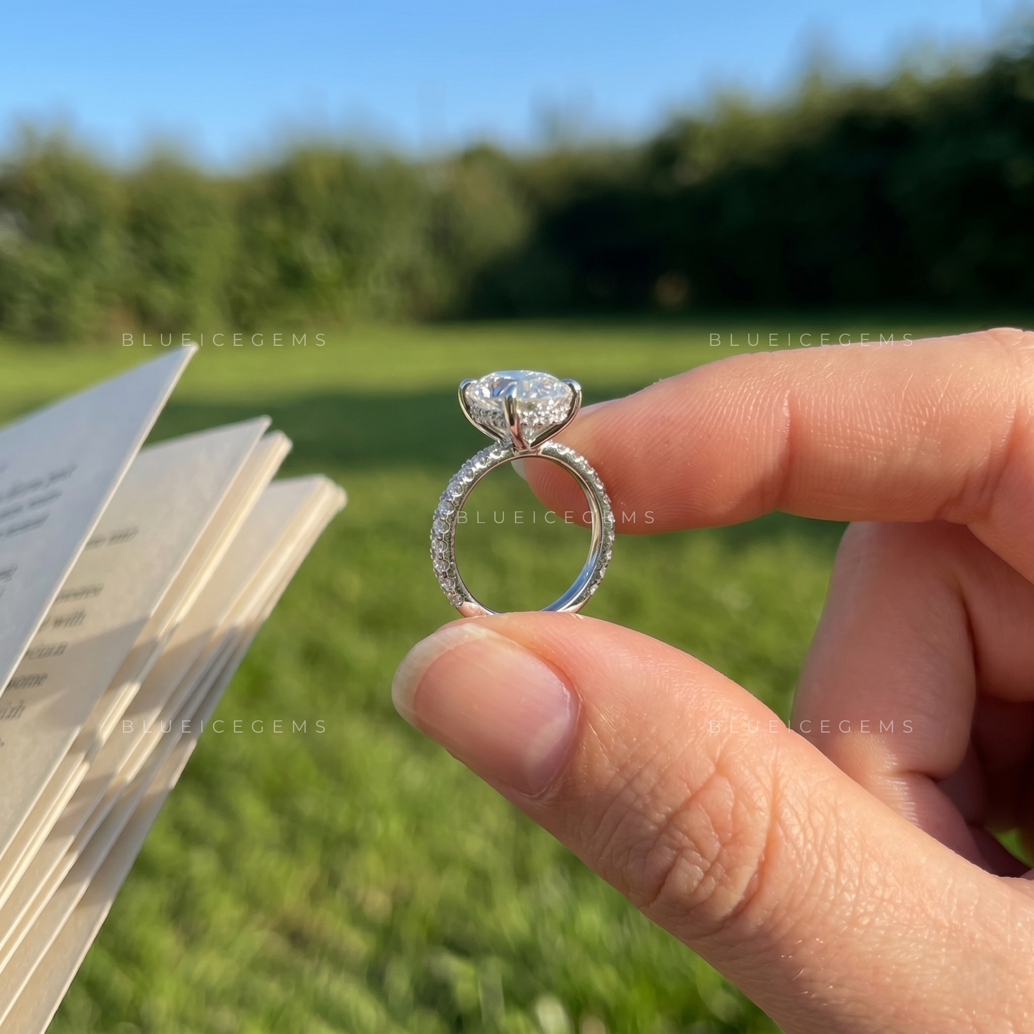 Radiant Oval Brilliant Cut Solitaire Ring with Sparkling Pave Accents