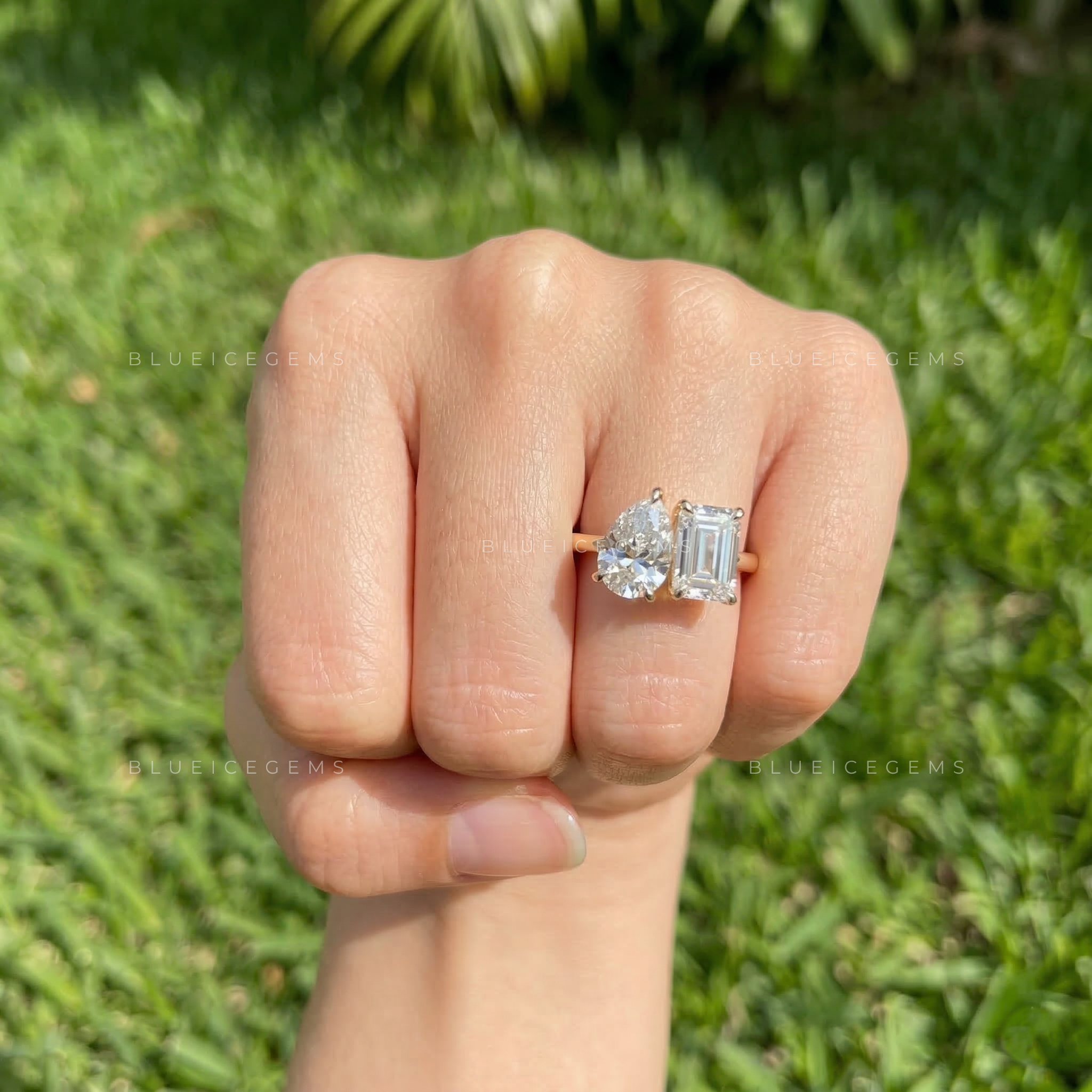Celestial Tear Pear and Emerald Cut Trilogy Ring