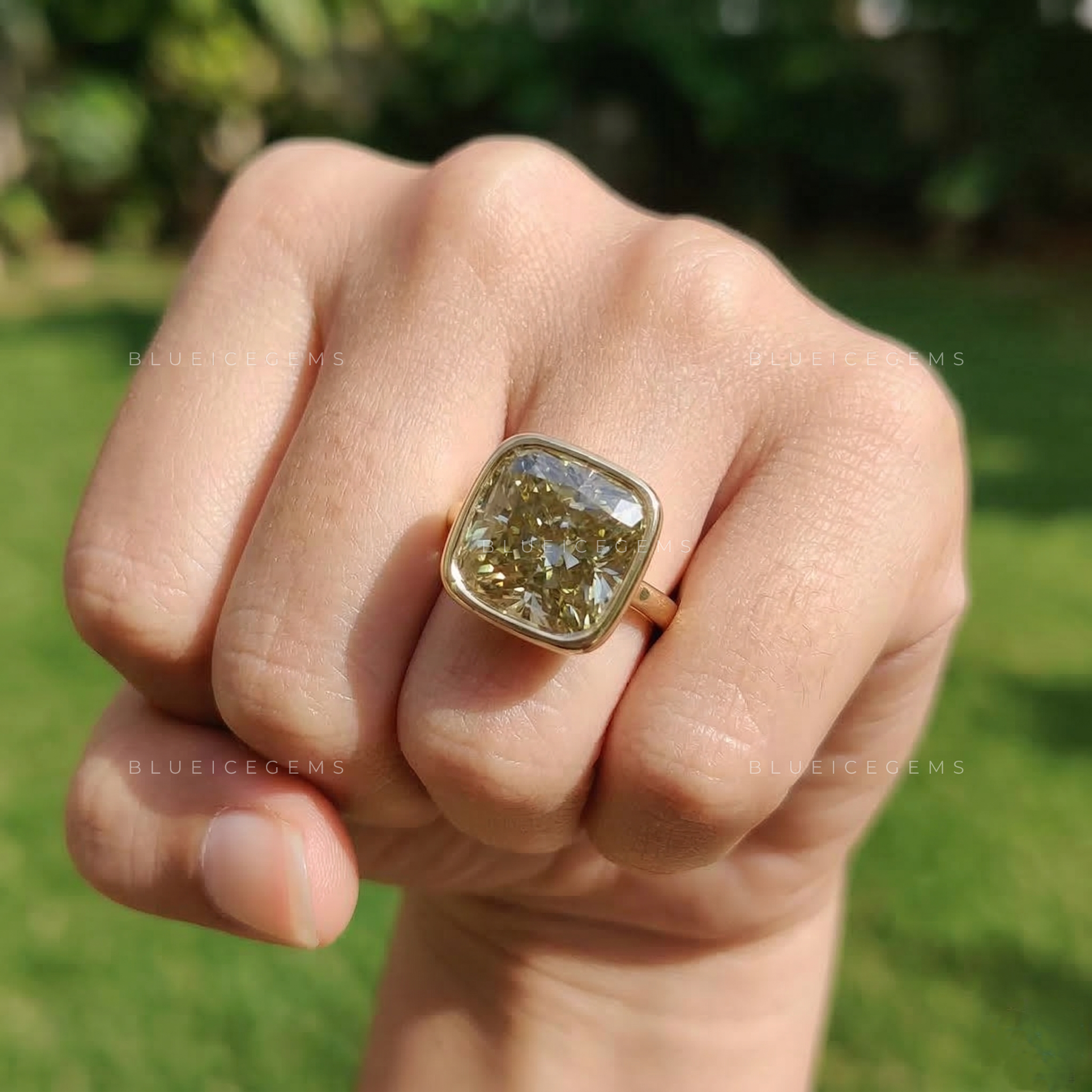 Golden Smoke Cushion Cut Bezel Set Solitaire Ring
