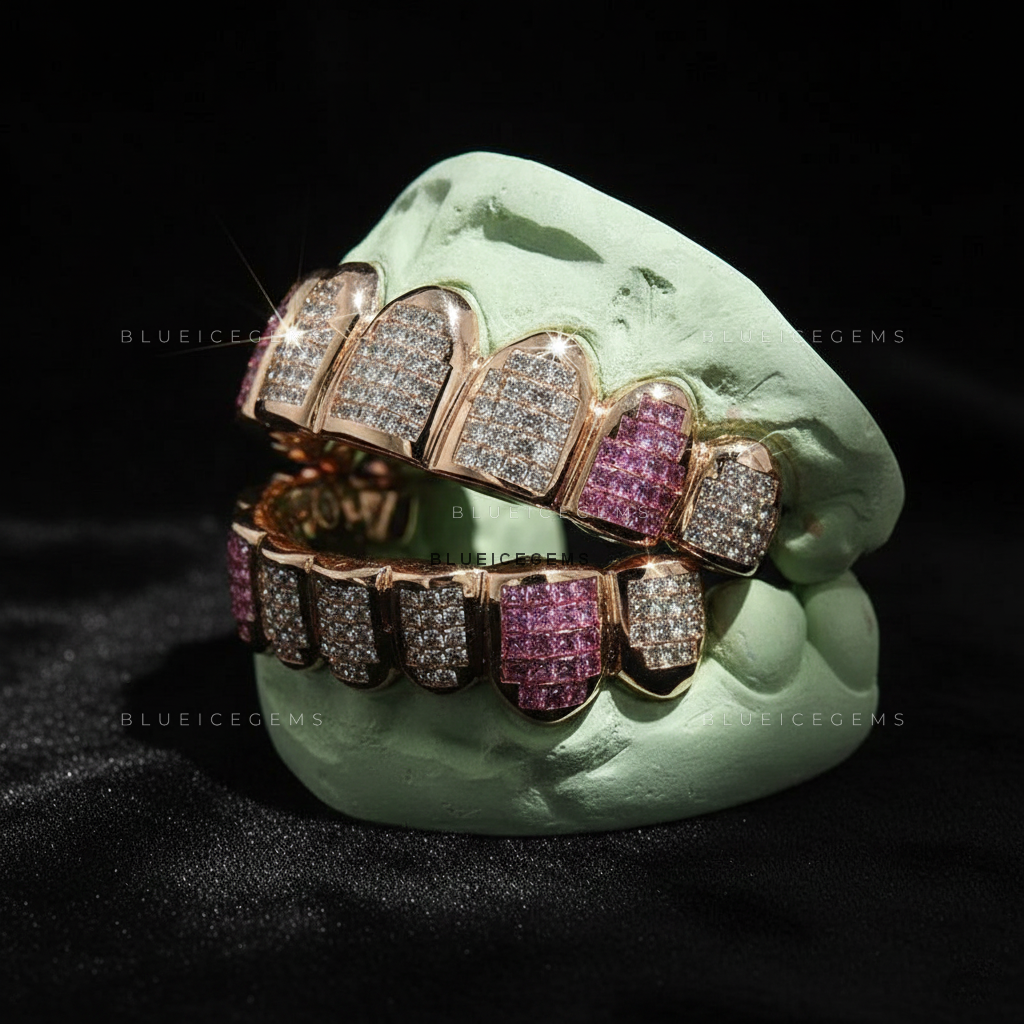 Rose Gold Pink Sapphire & Diamond Block Grillz