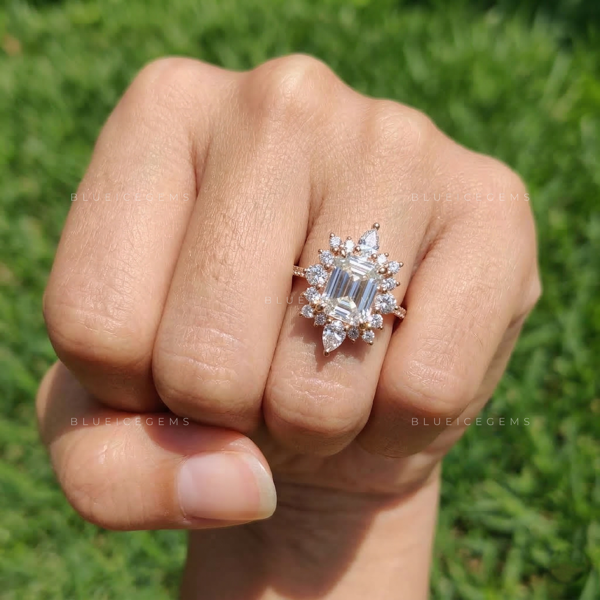 Architectural Elegance Emerald and Pear Cut Trio Ring