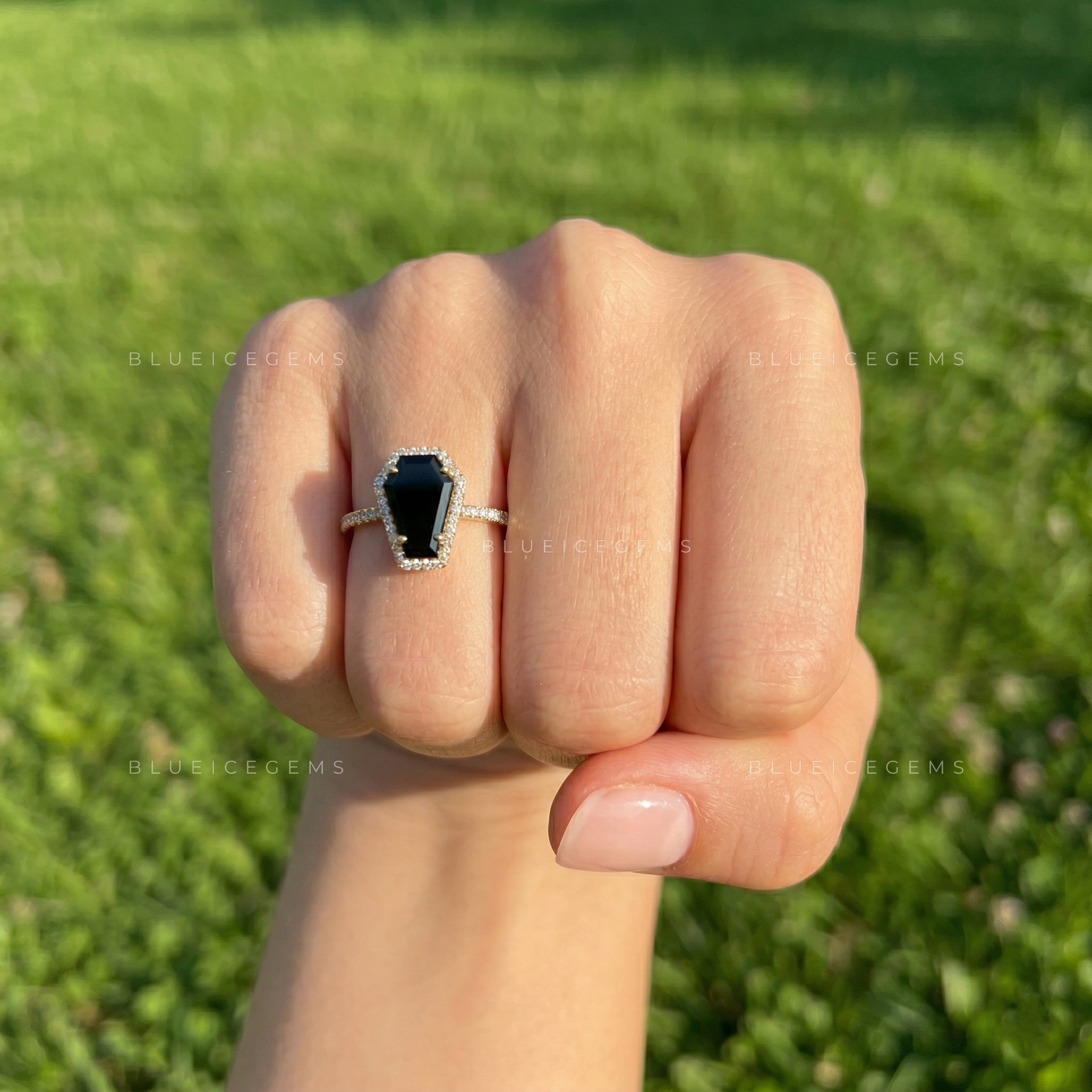 Midnight Noir Coffin Cut Black Diamond Halo Engagement Ring