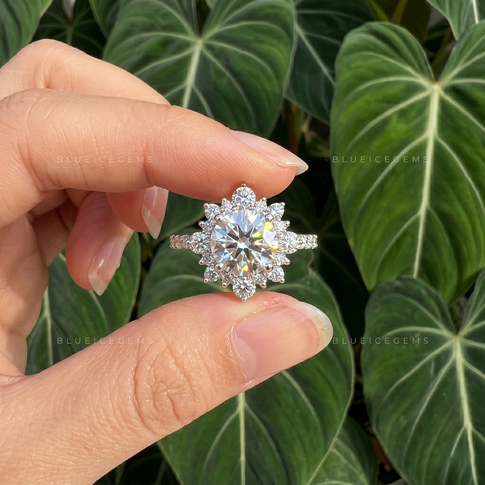 Ethereal Radiance Round Cut Cluster Halo Low Setting Engagement Ring