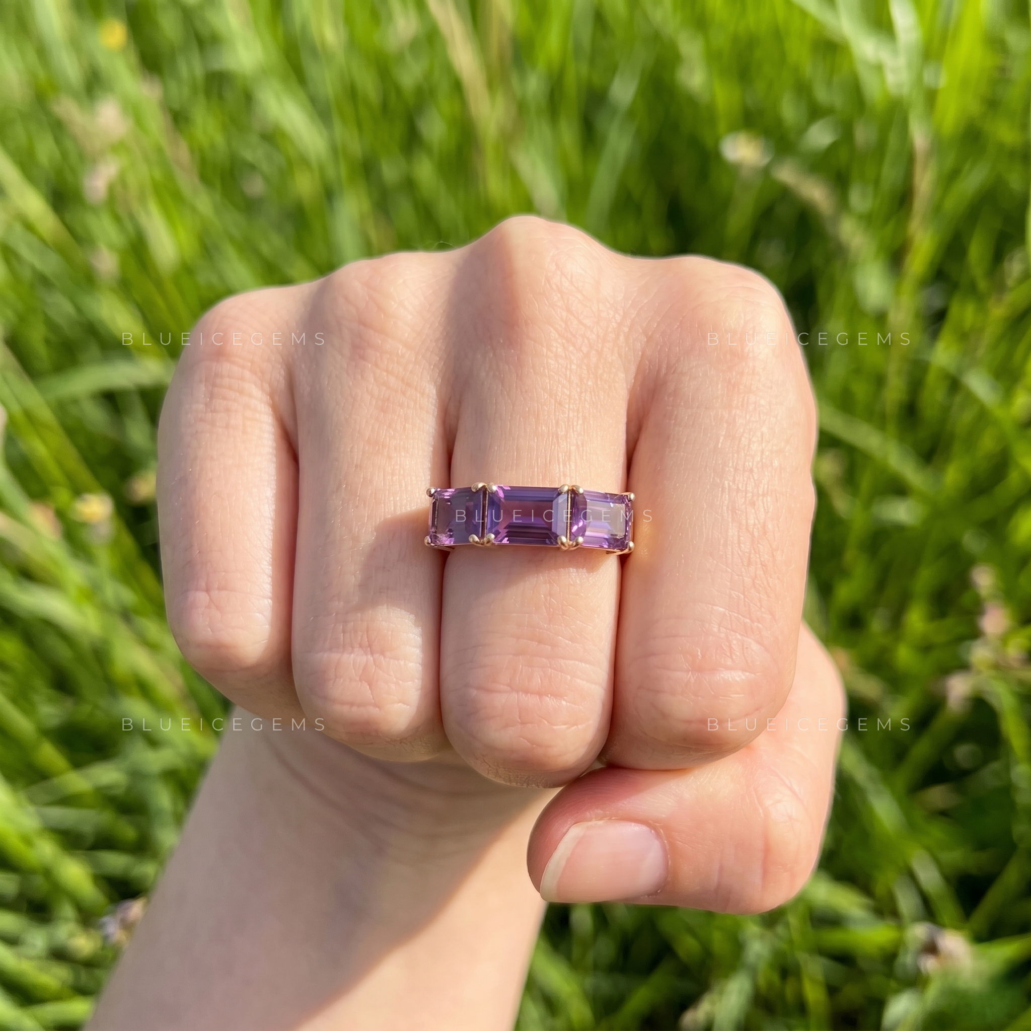 Vintage Mystique Emerald Cut Lavender Amethyst Three Stone Ring