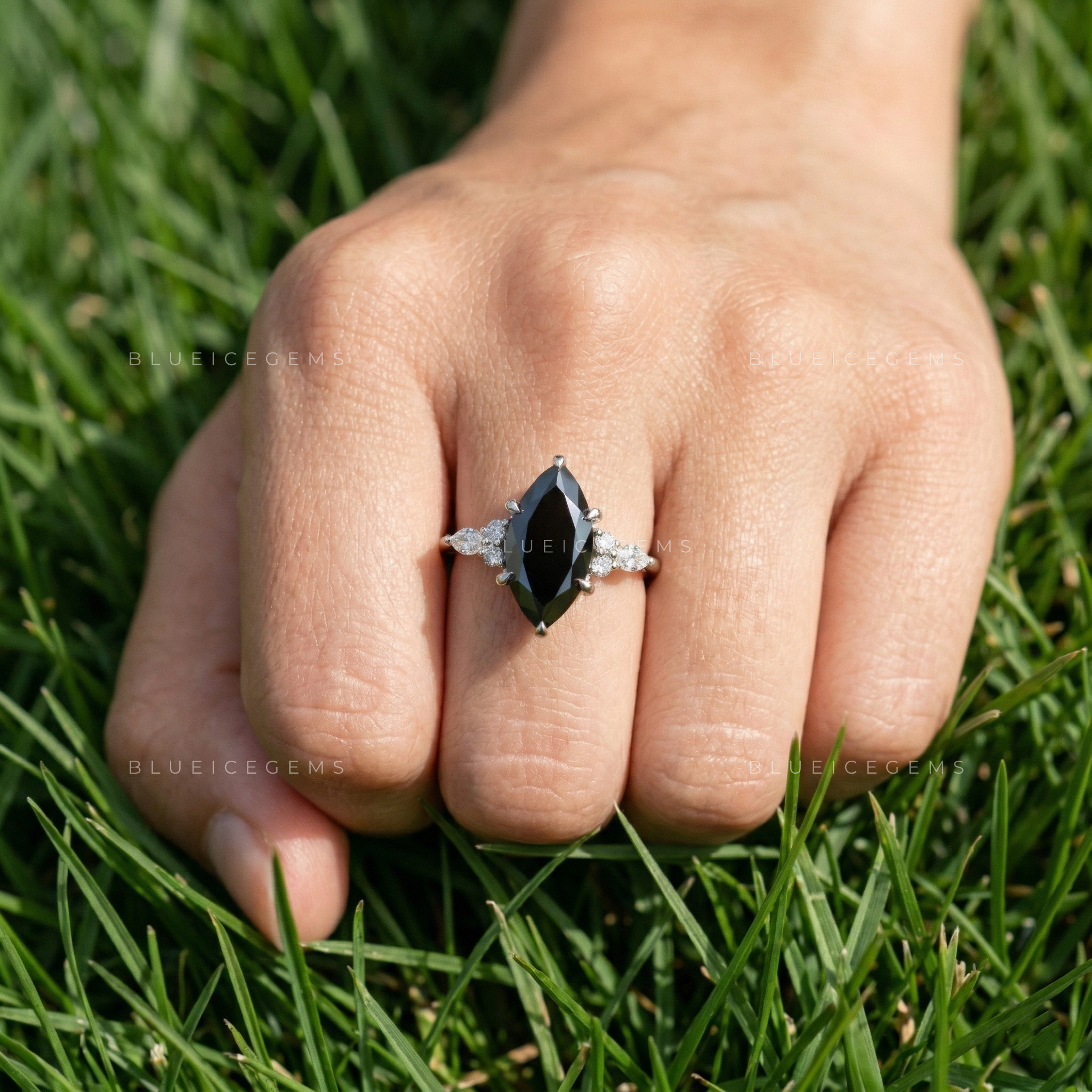 Midnight Noir Marquise Cut Black Diamond Vine Engagement Ring