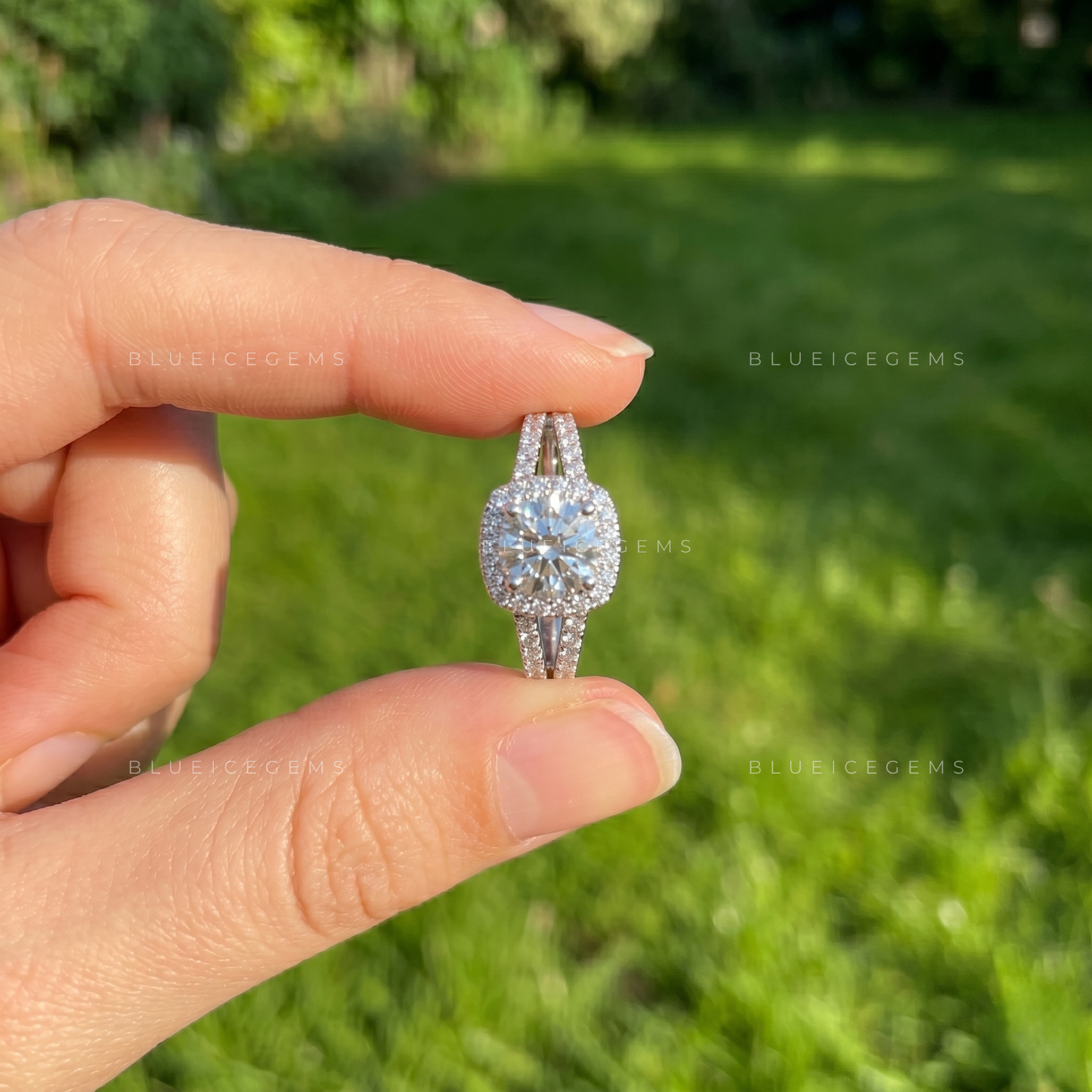 Majestic Brilliance Round Cut Halo Split Shank Statement Engagement Ring
