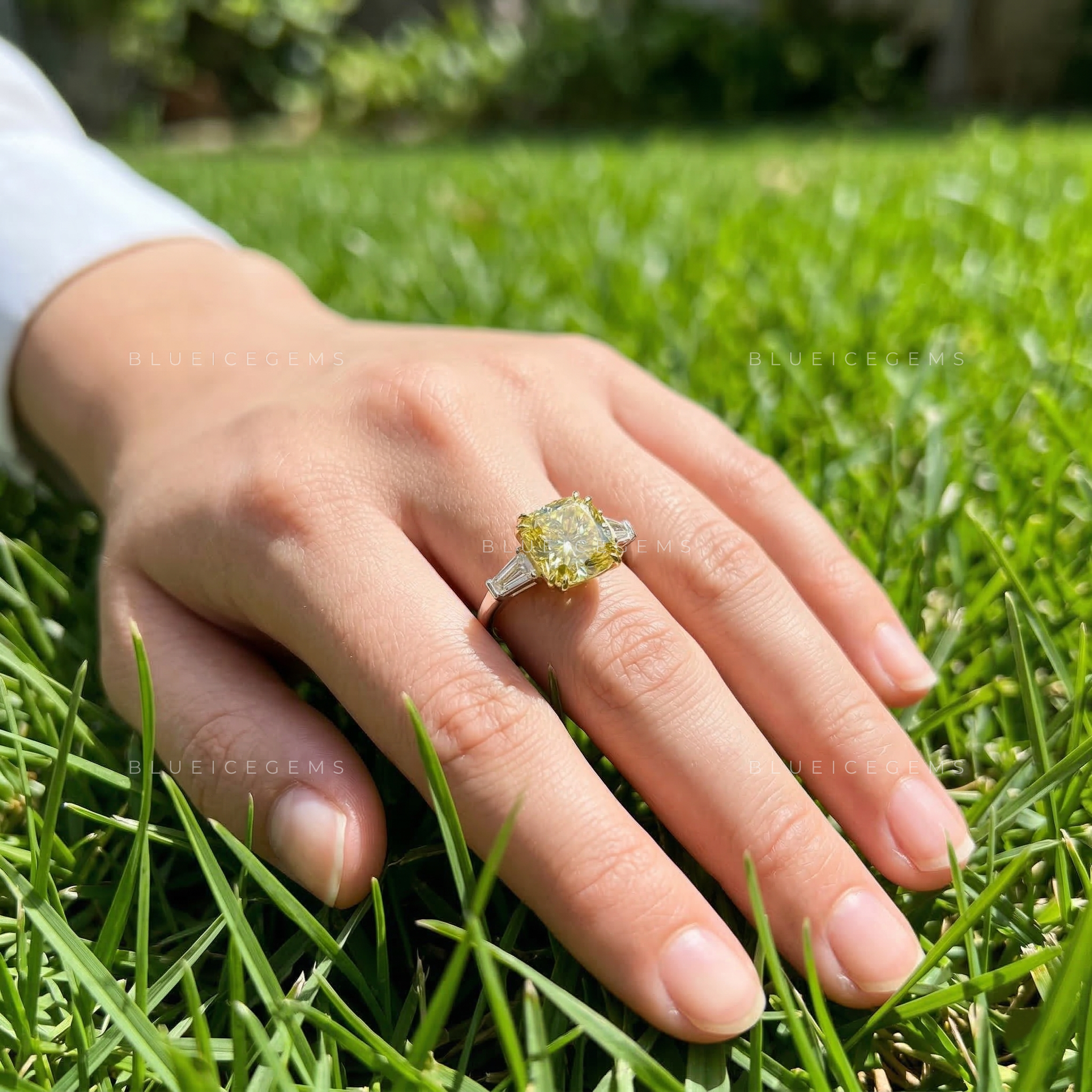 Radiant Canary Cushion Cut Three-Stone Ring