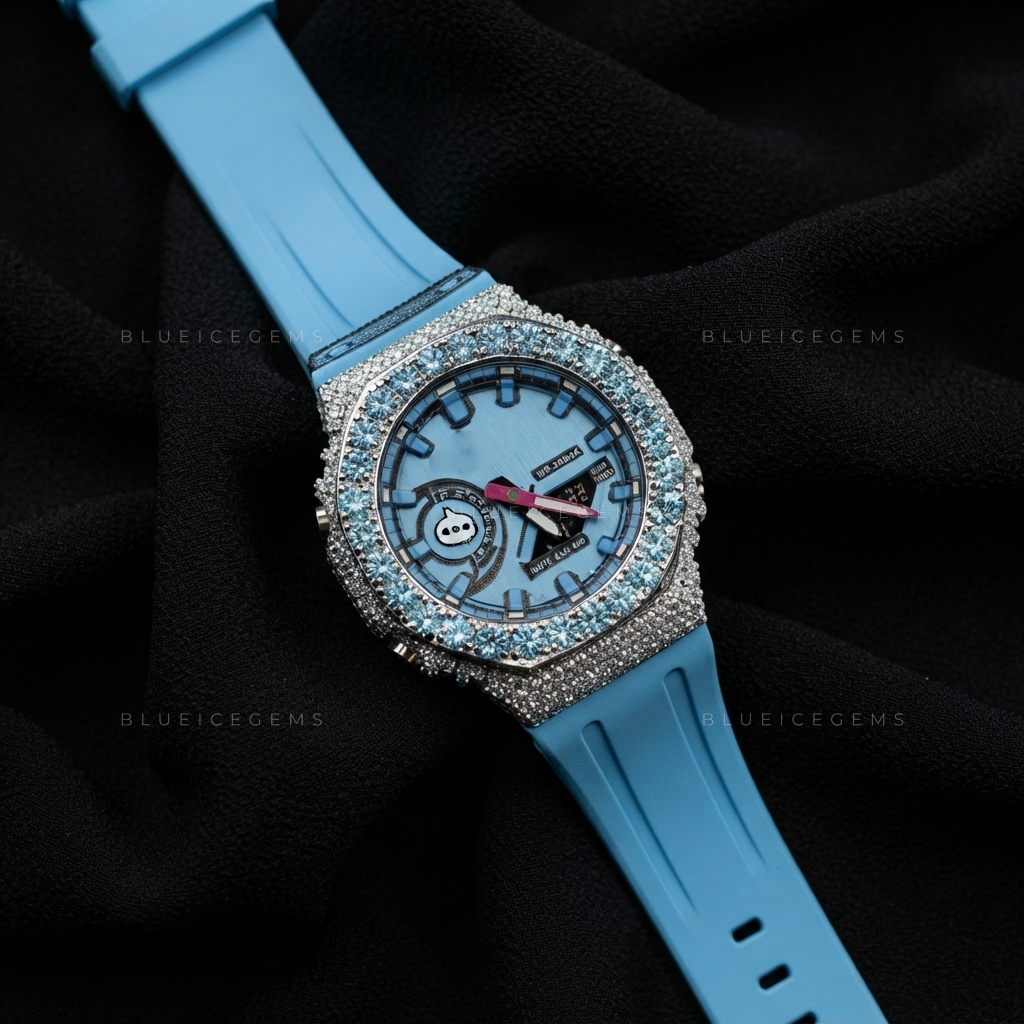 Blue Glacier Prestige Watch – Aqua Blue CZ & White Moissanite