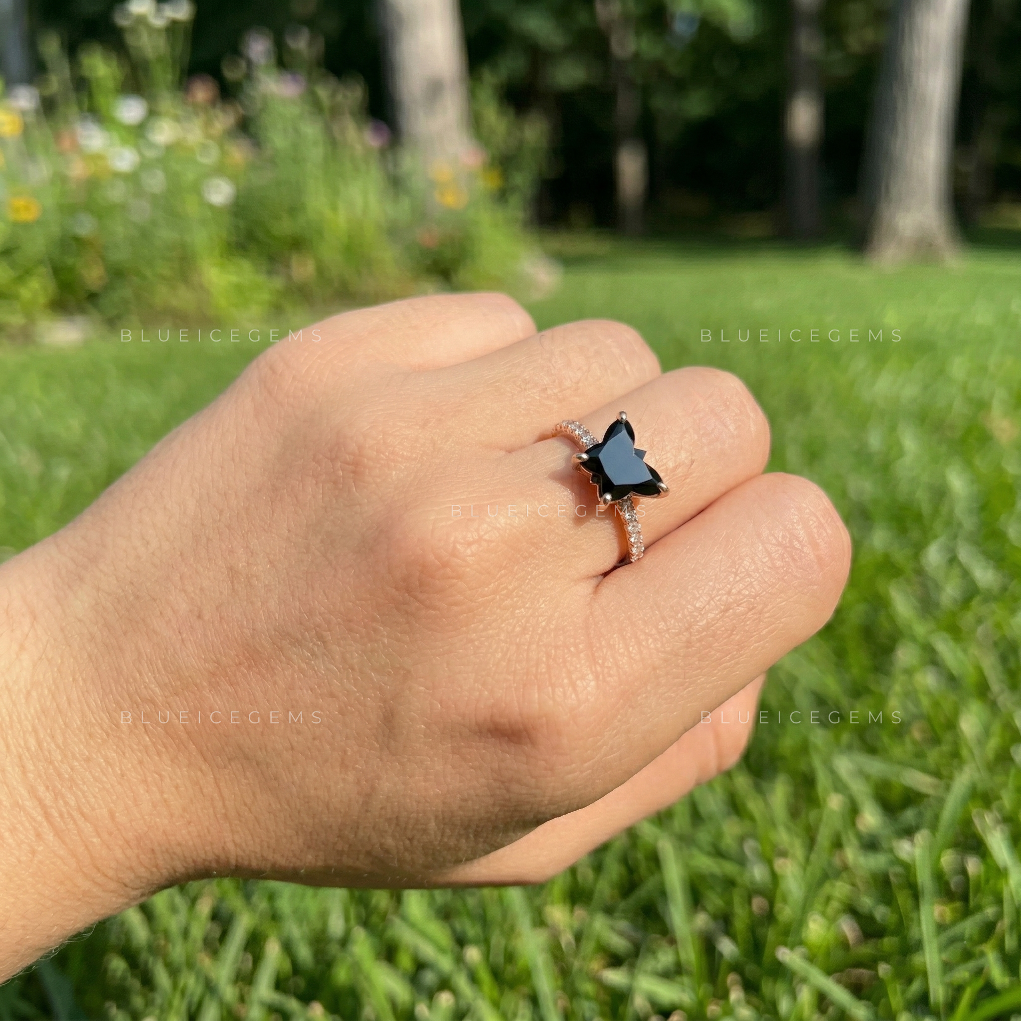 Midnight Noir Butterfly Cut Black Diamond Ethereal Halo Ring