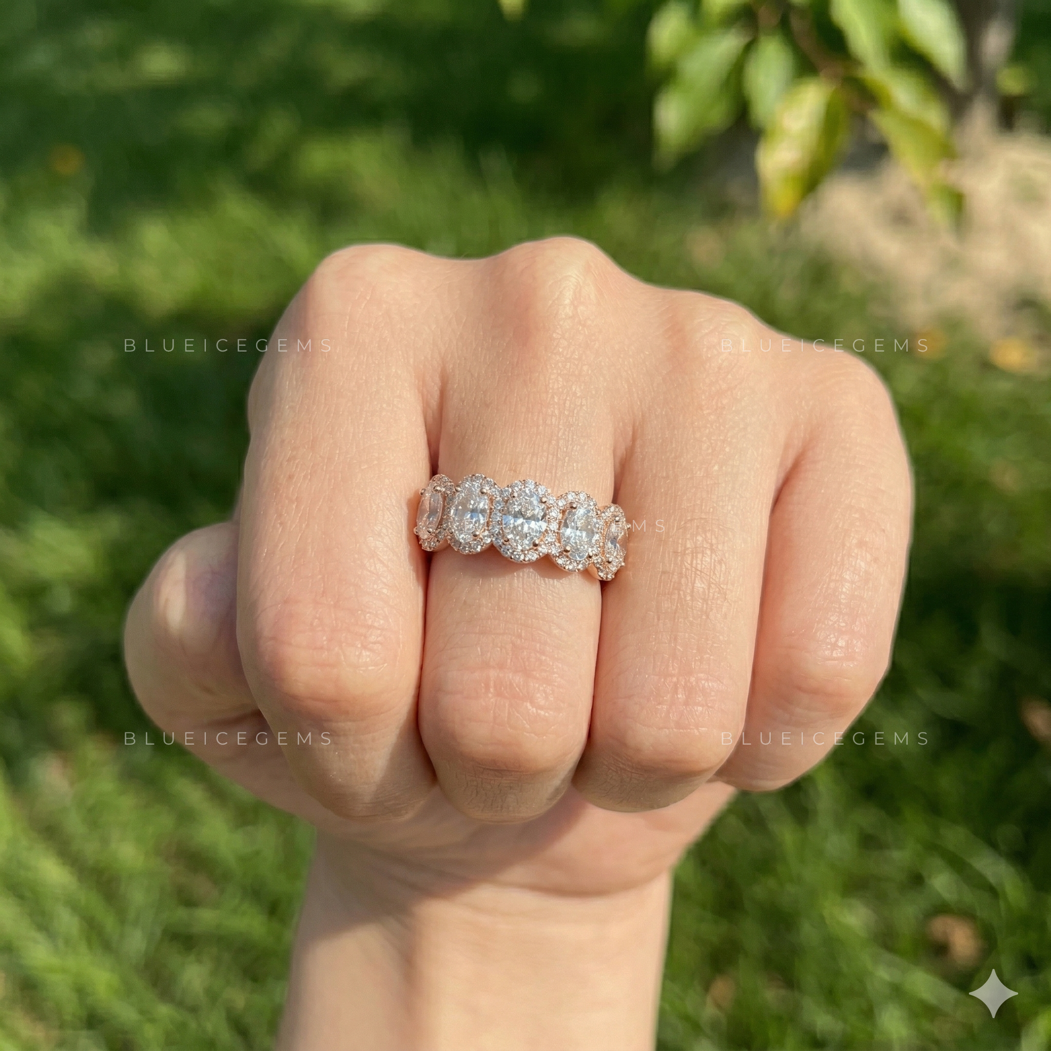 Radiant Oval Cut Halo Pave Wedding Band With Brilliant Accents