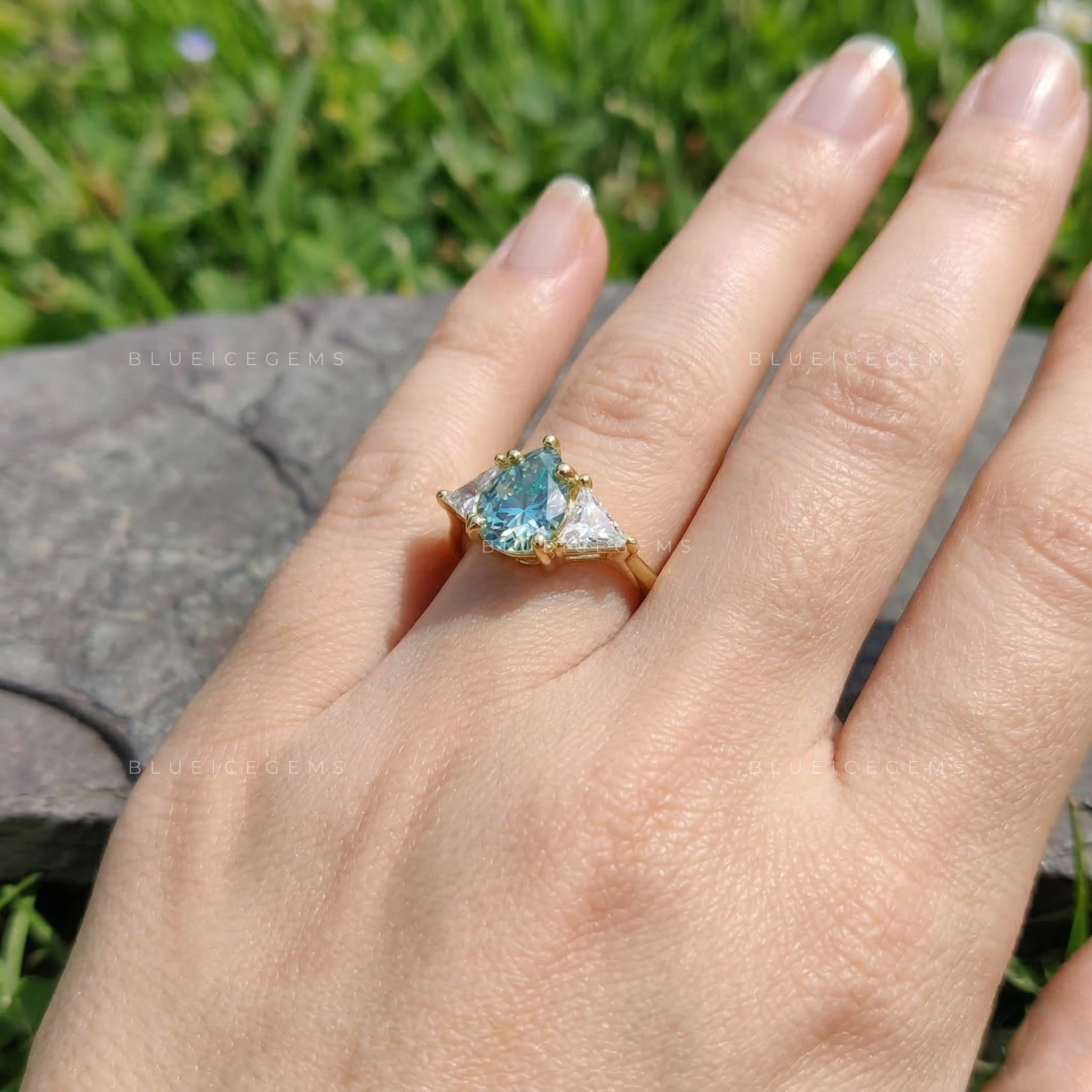Azure Teardrop Geometric Triangle Three Stone Statement Ring