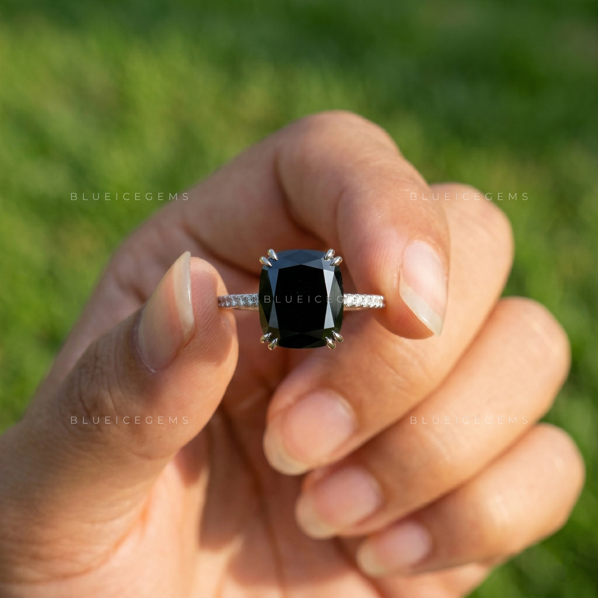 Modern Noir Cushion Cut Black Moissanite Hidden Halo Ring