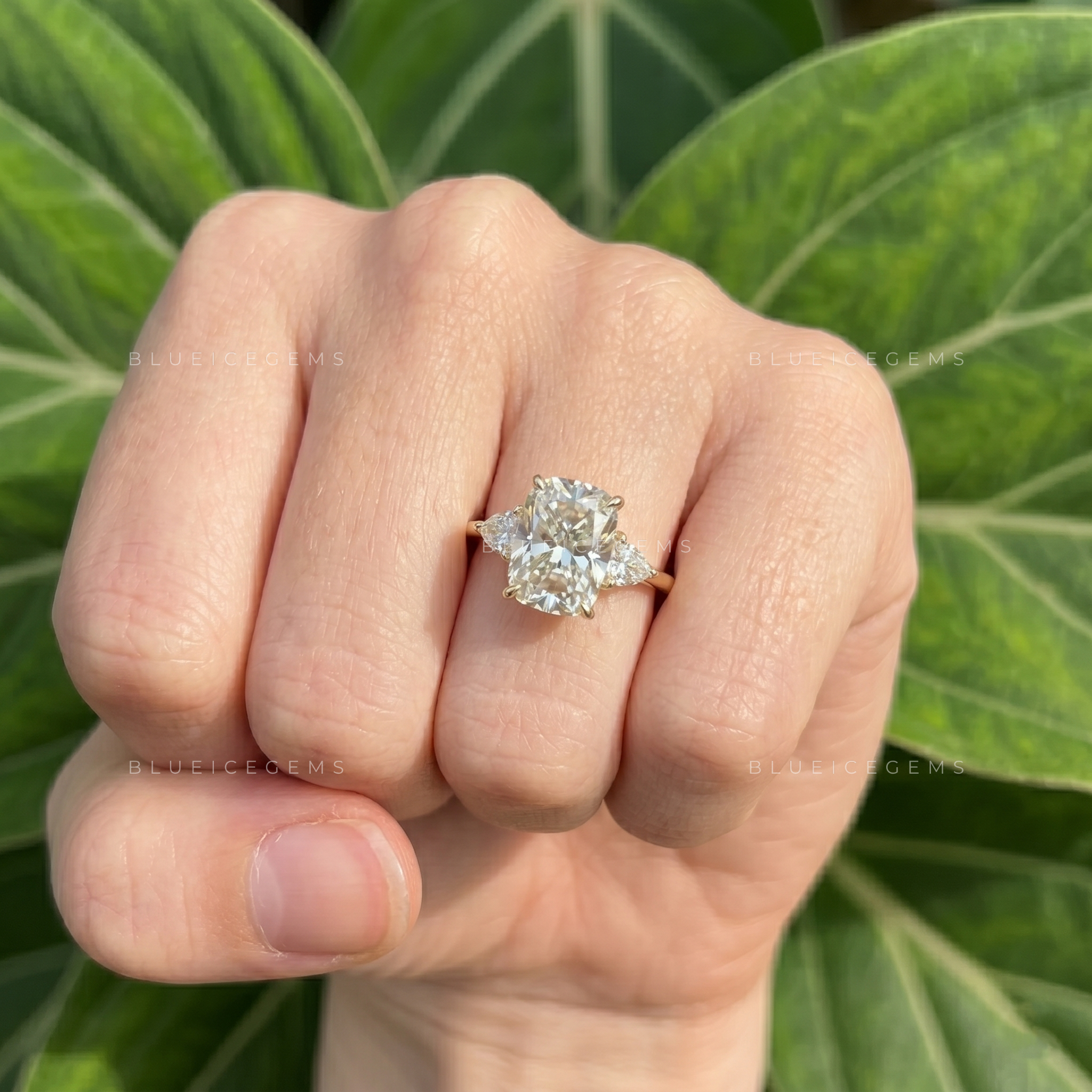 Radiant Symmetry Elongated Cushion Cut Trillion Three Stone Engagement Ring