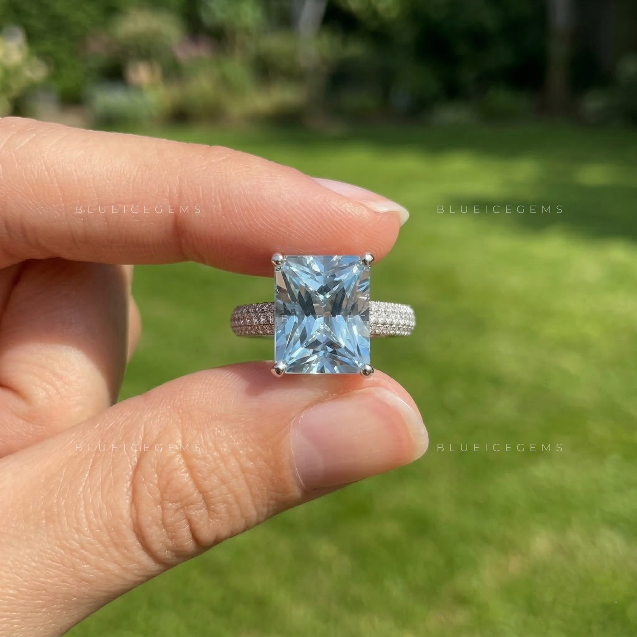 Ocean Mist Radiant Cut Aquamarine Pavé Ring
