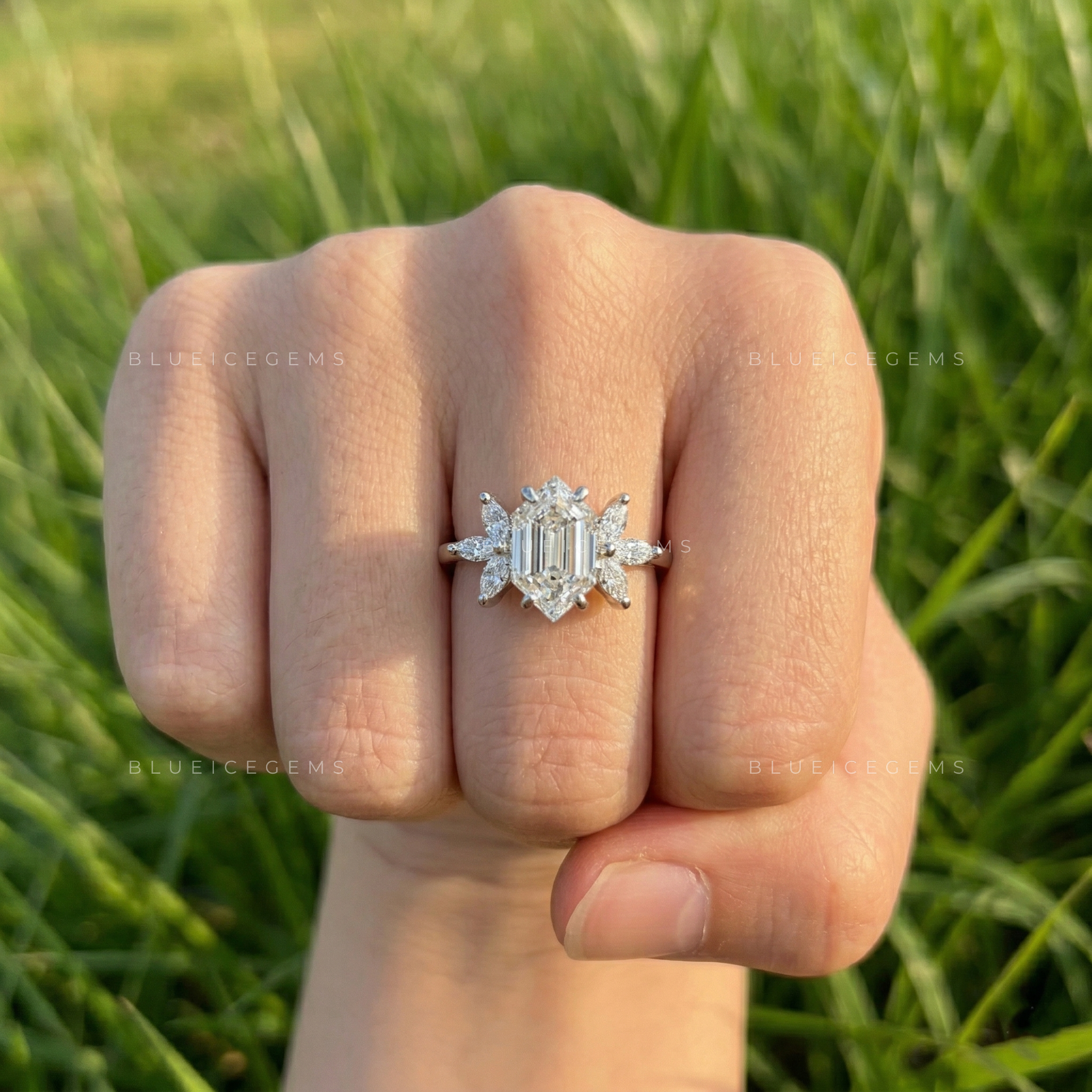 Architectural Radiance Hexagon Step Cut Floral Engagement Ring