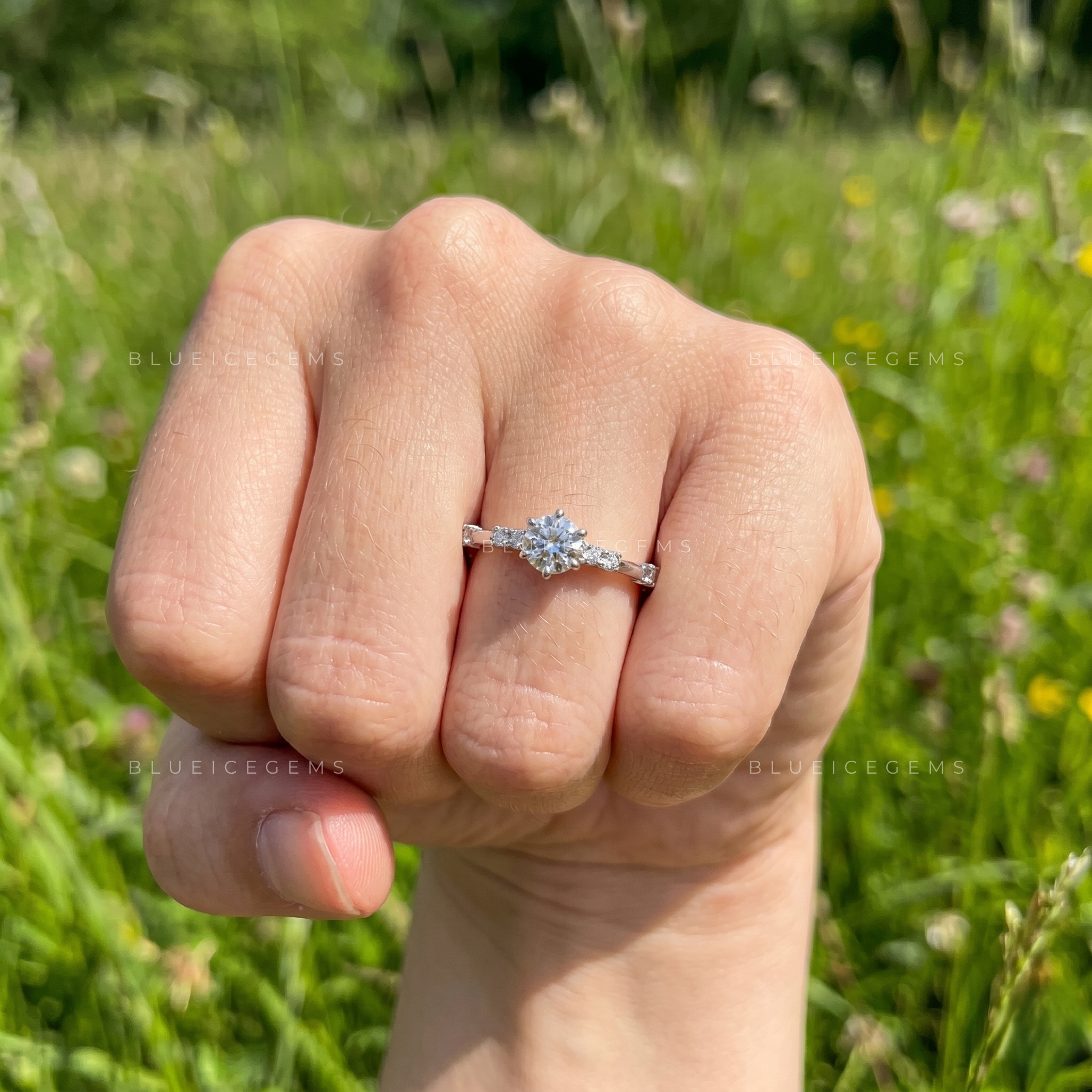 Celestial Muse Round Brilliant Cut Six Prong Solitaire Accent Engagement Ring