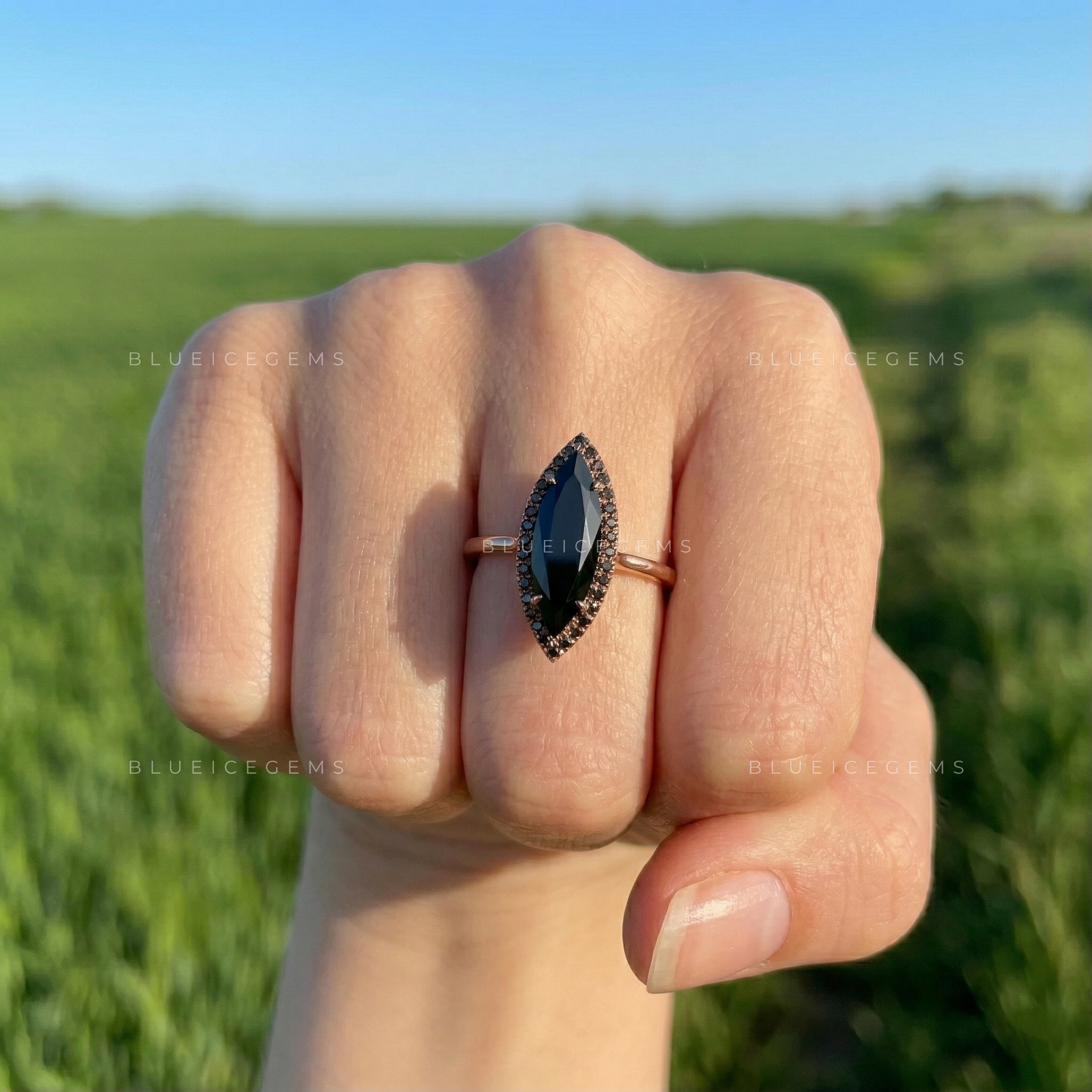 Midnight Noir Long Marquise Black Moissanite Accent Ring