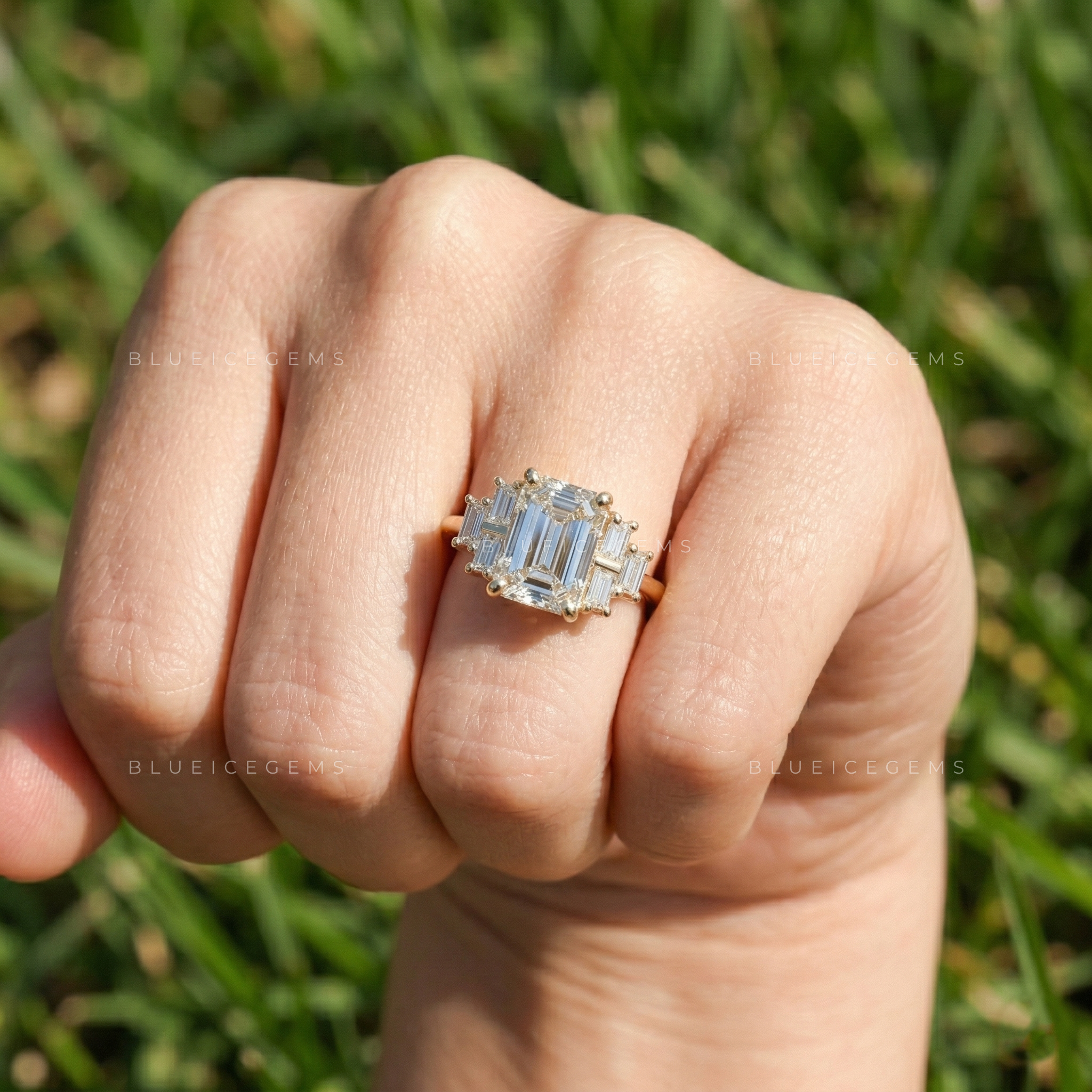 Elegant Emerald Cut Three Stone Side Baguette Engagement Ring