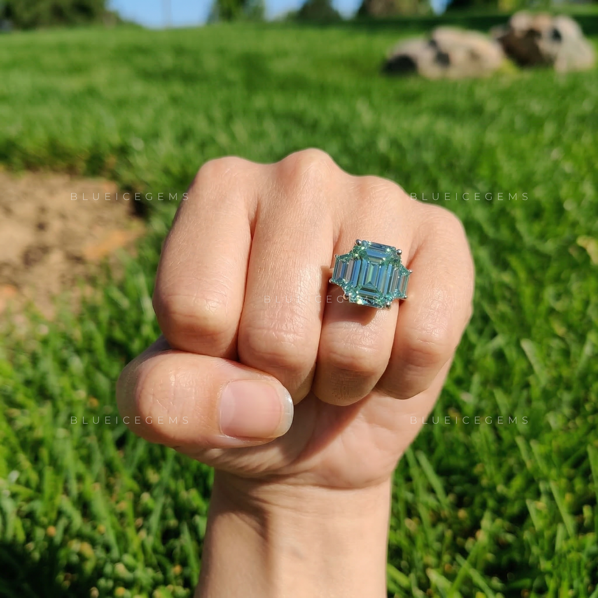 Royal Azure Emerald Cut Celebrity Style Statement Ring