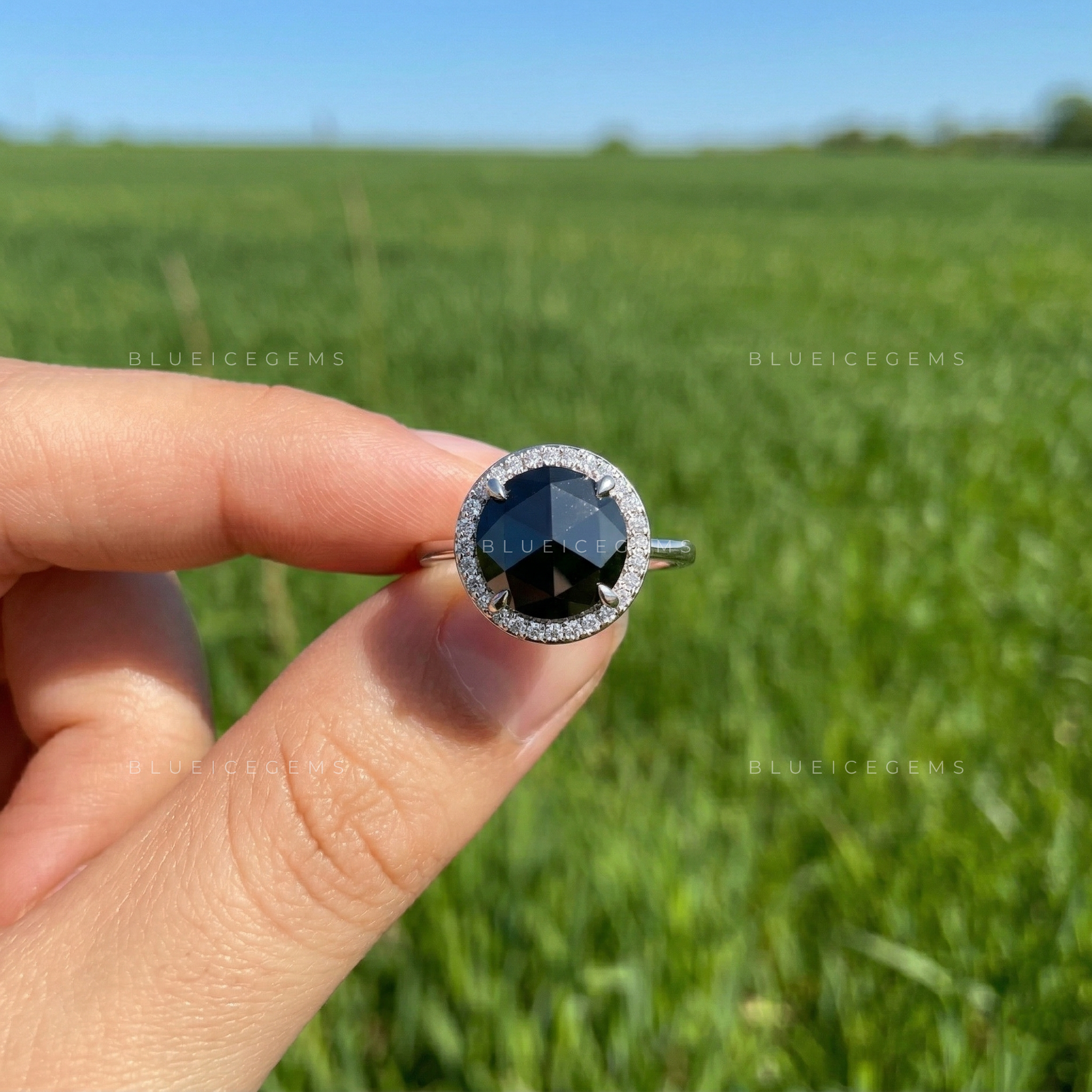 Midnight Noir Round Rose Cut Black Diamond Hidden Halo Ring