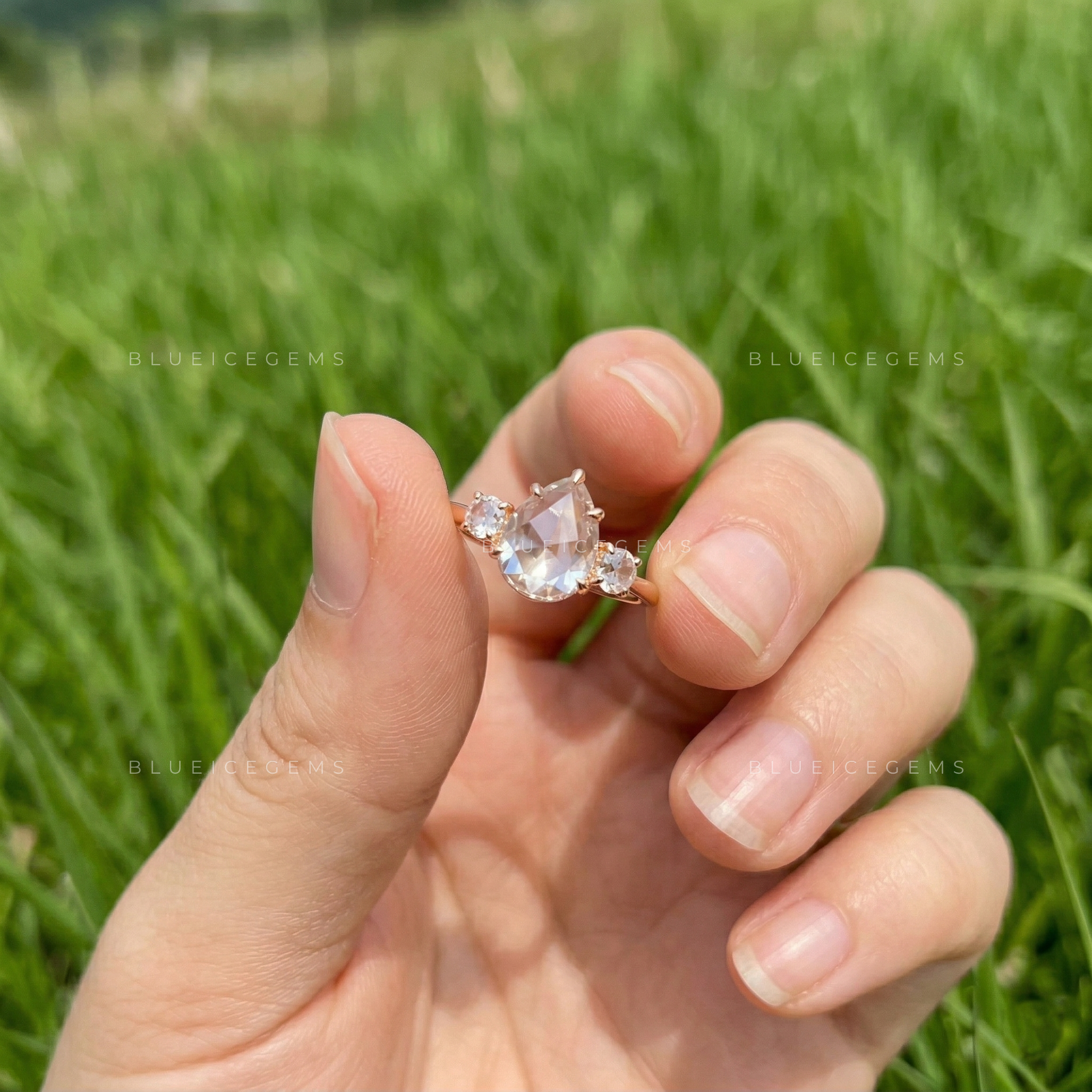 Vintage Inspired Pear Rose Cut Three Stone Open Gallery Ring