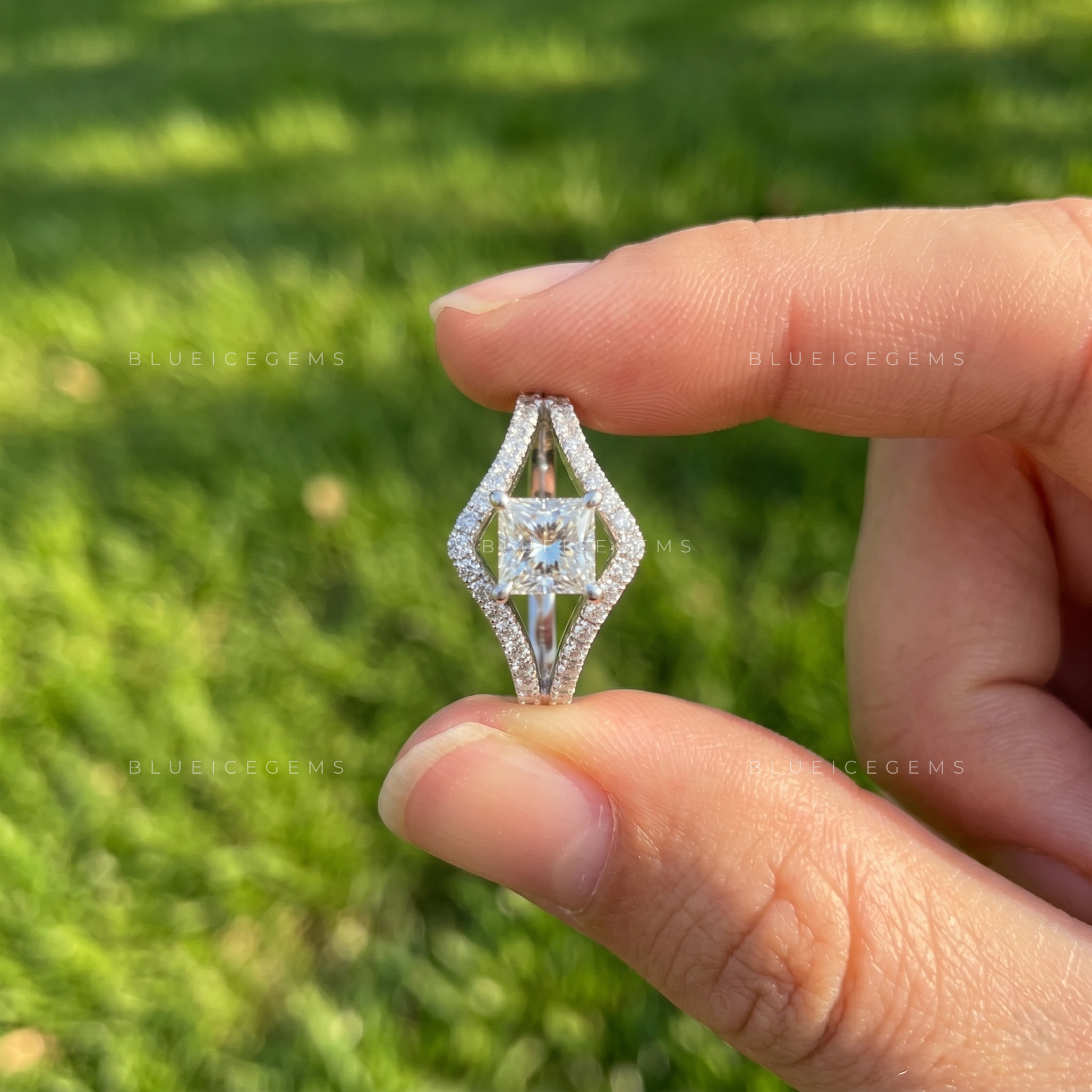 Artistic Open-Shank Princess Cut Statement Pave Band Ring