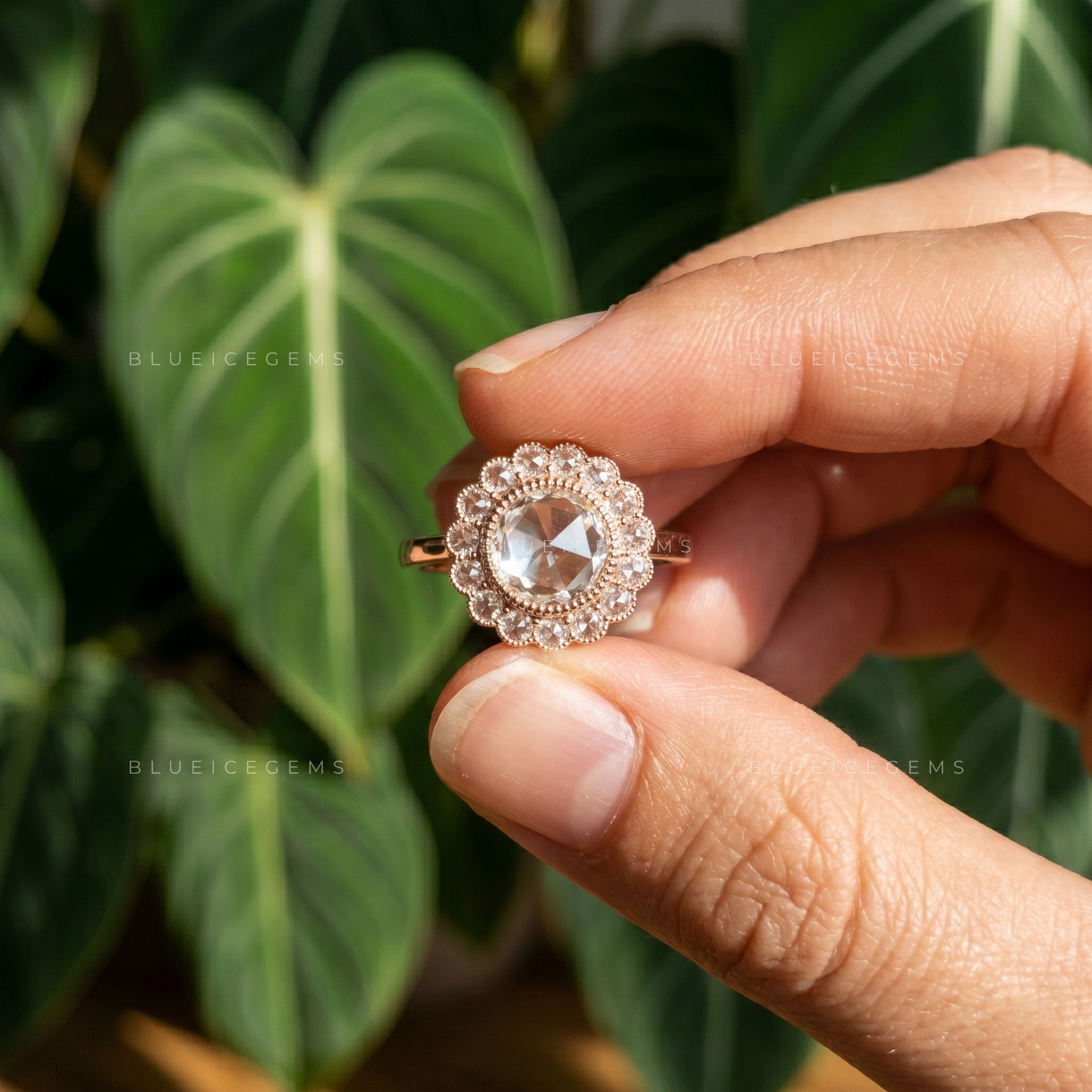 Vintage Radiance Round Rose Cut Antique Halo Engagement Ring