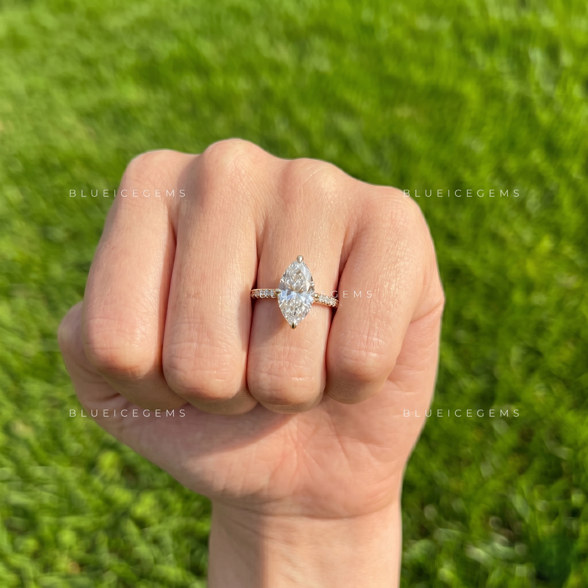 East-West Marquise Cut Cathedral Hidden Halo Engagement Ring
