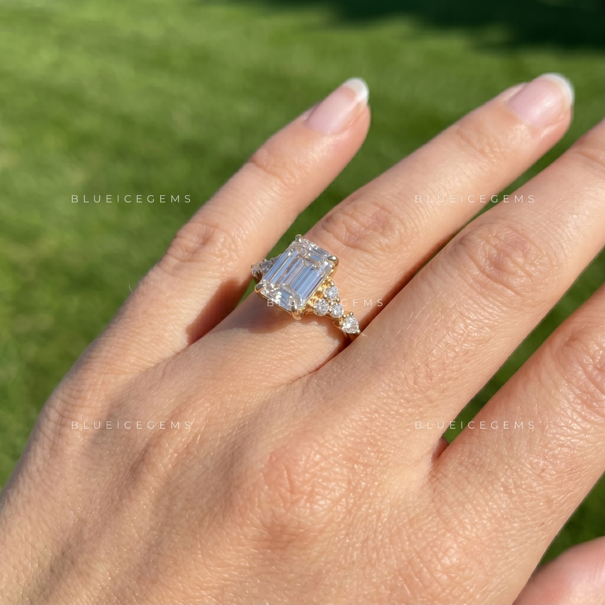 Regal Horizon Emerald Cut Cluster Engagement Ring
