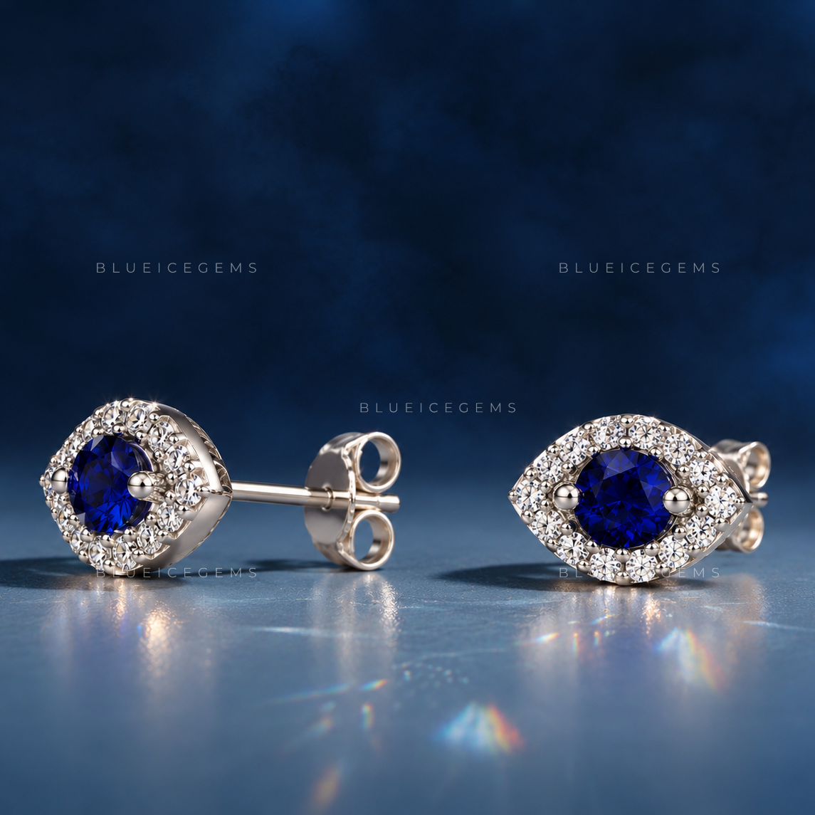 Blue Sapphire Evil Eye Stud Earrings