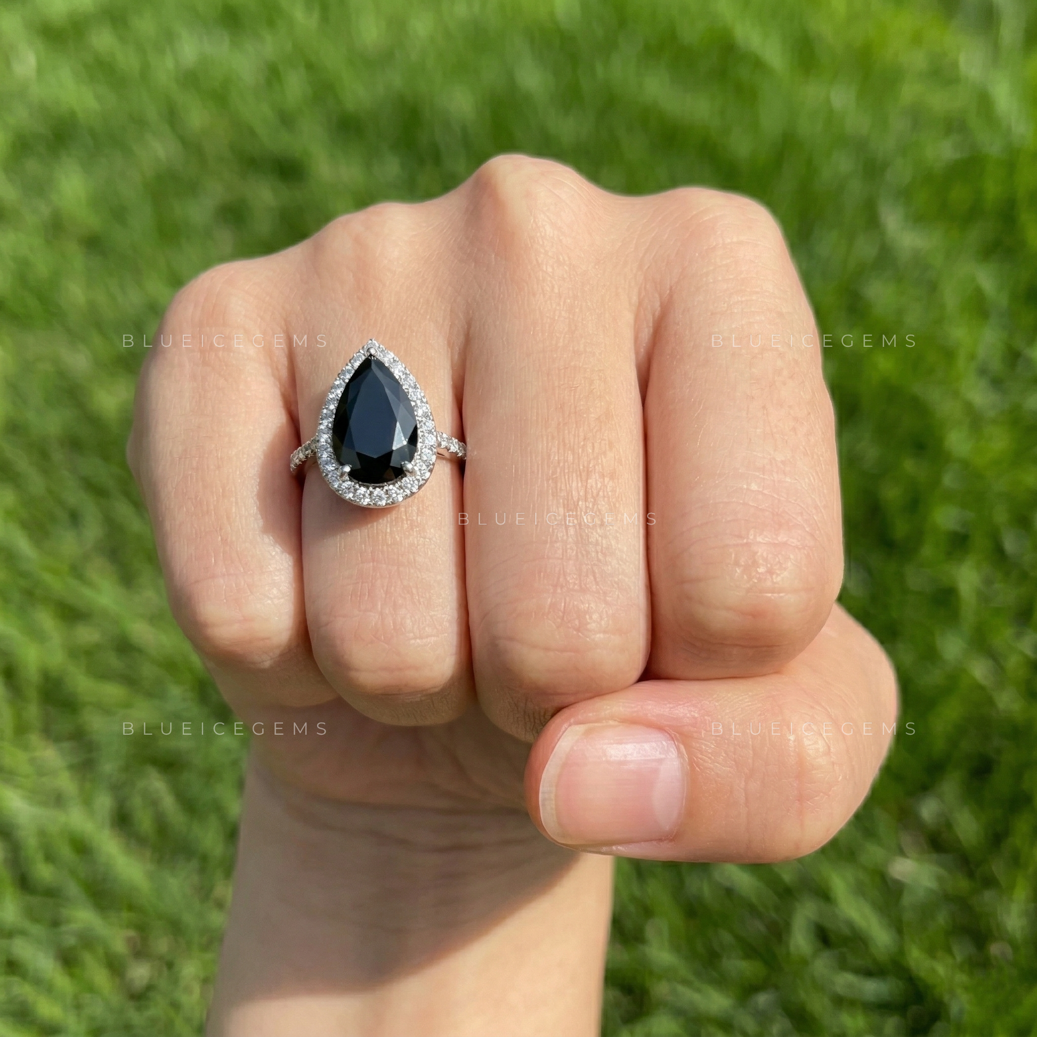Midnight Eclipse Pear Cut Moissanite Pavé Engagement Ring