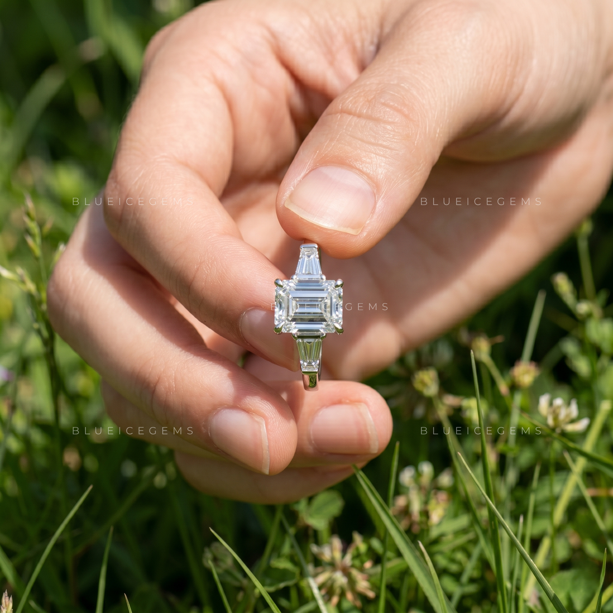 Emerald Cut Trilogy Engagement Ring with Tapered Baguettes