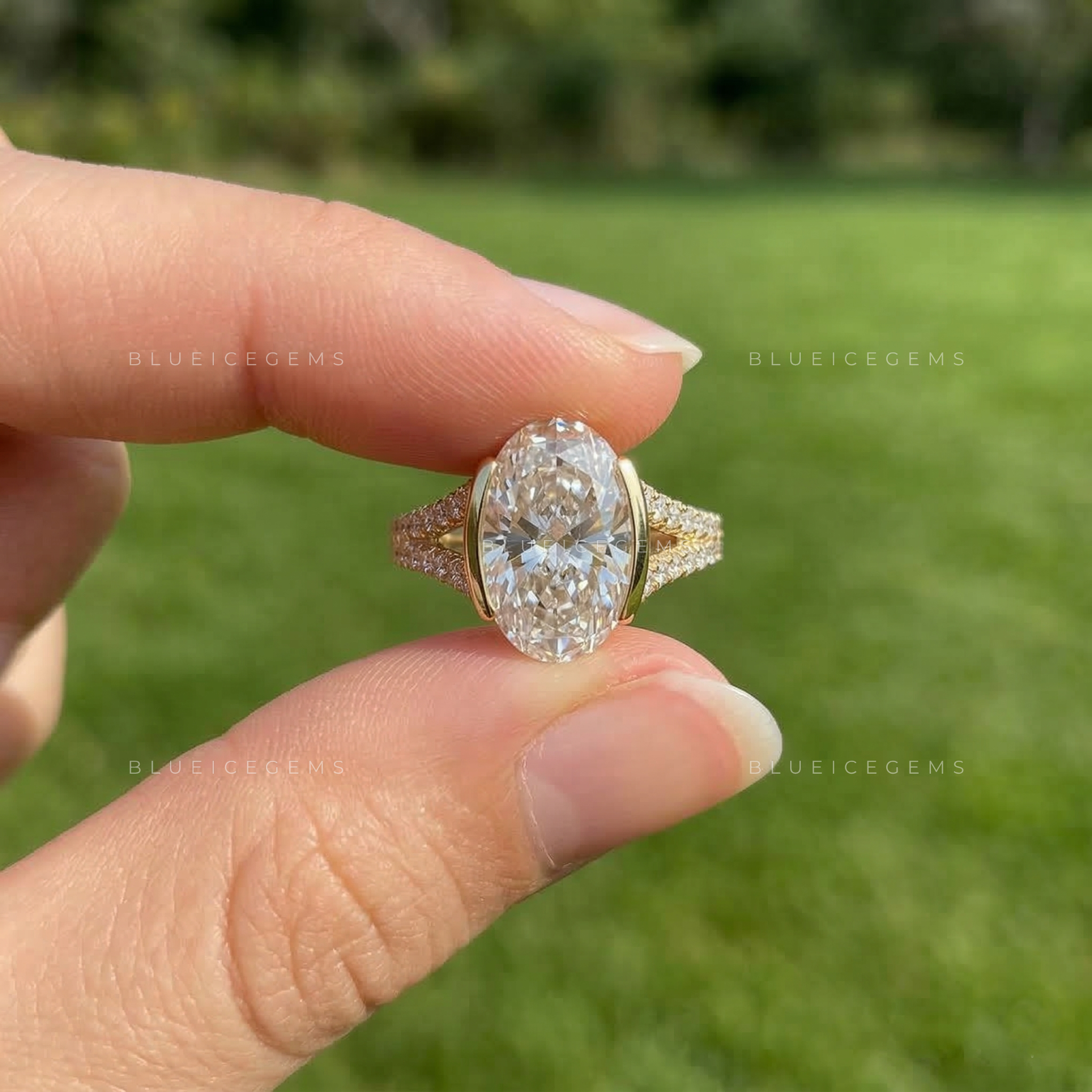 Modern Half Bezel Oval Cut Pavé Engagement Ring