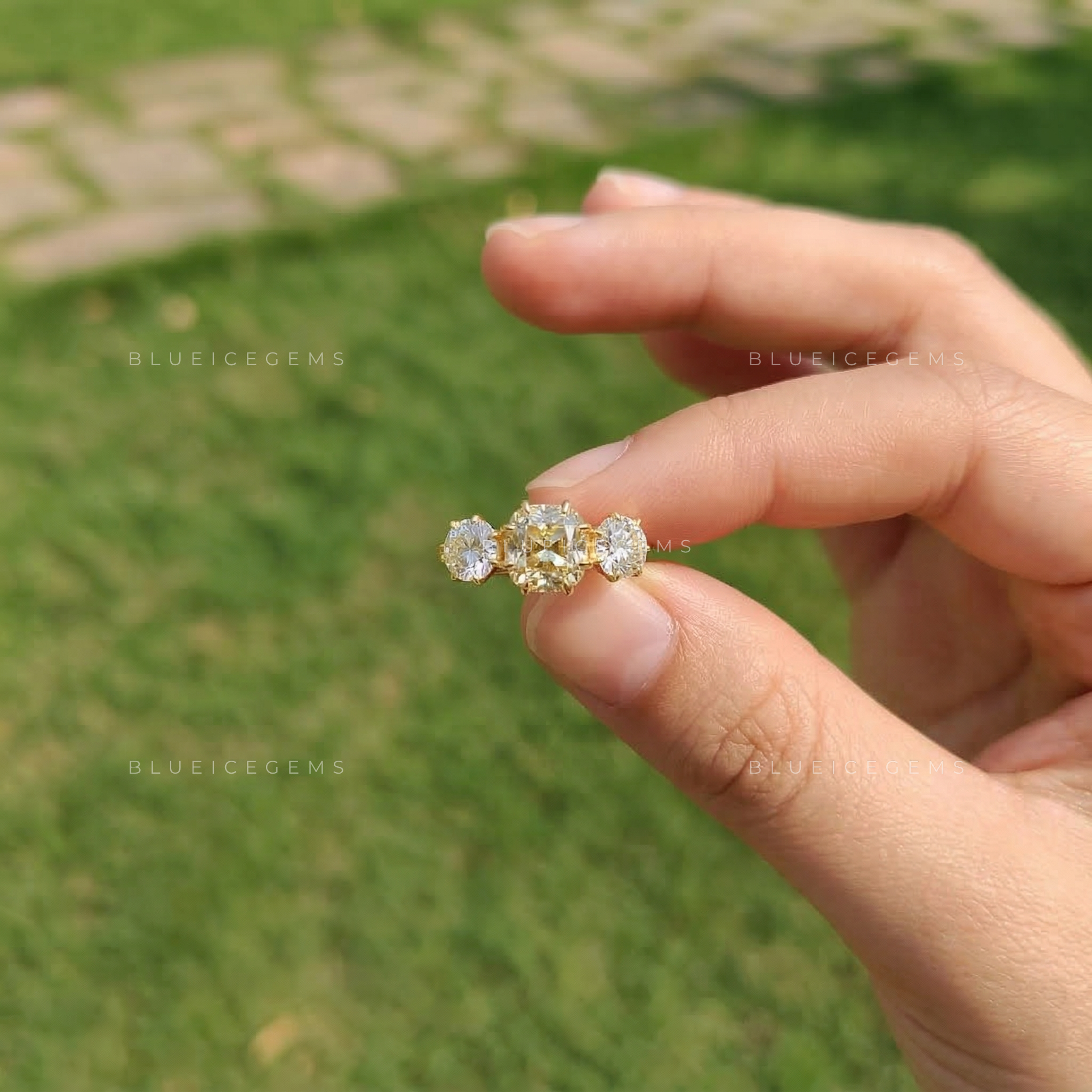 Golden Glow Vintage Cushion Old Mine Cut Lab Grown Diamond Ring