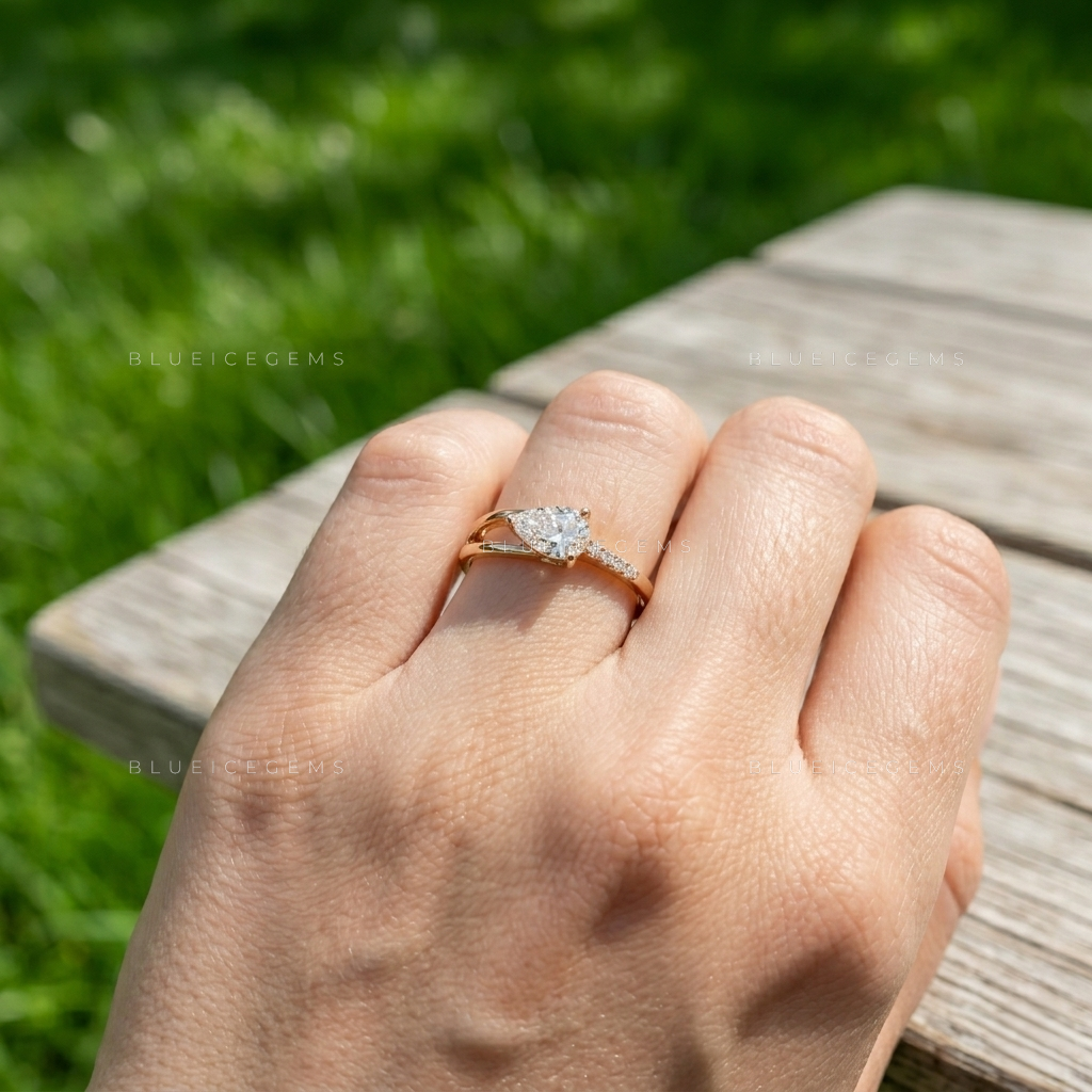 Graceful Horizon Pear Cut Asymmetric Split Band Engagement Ring