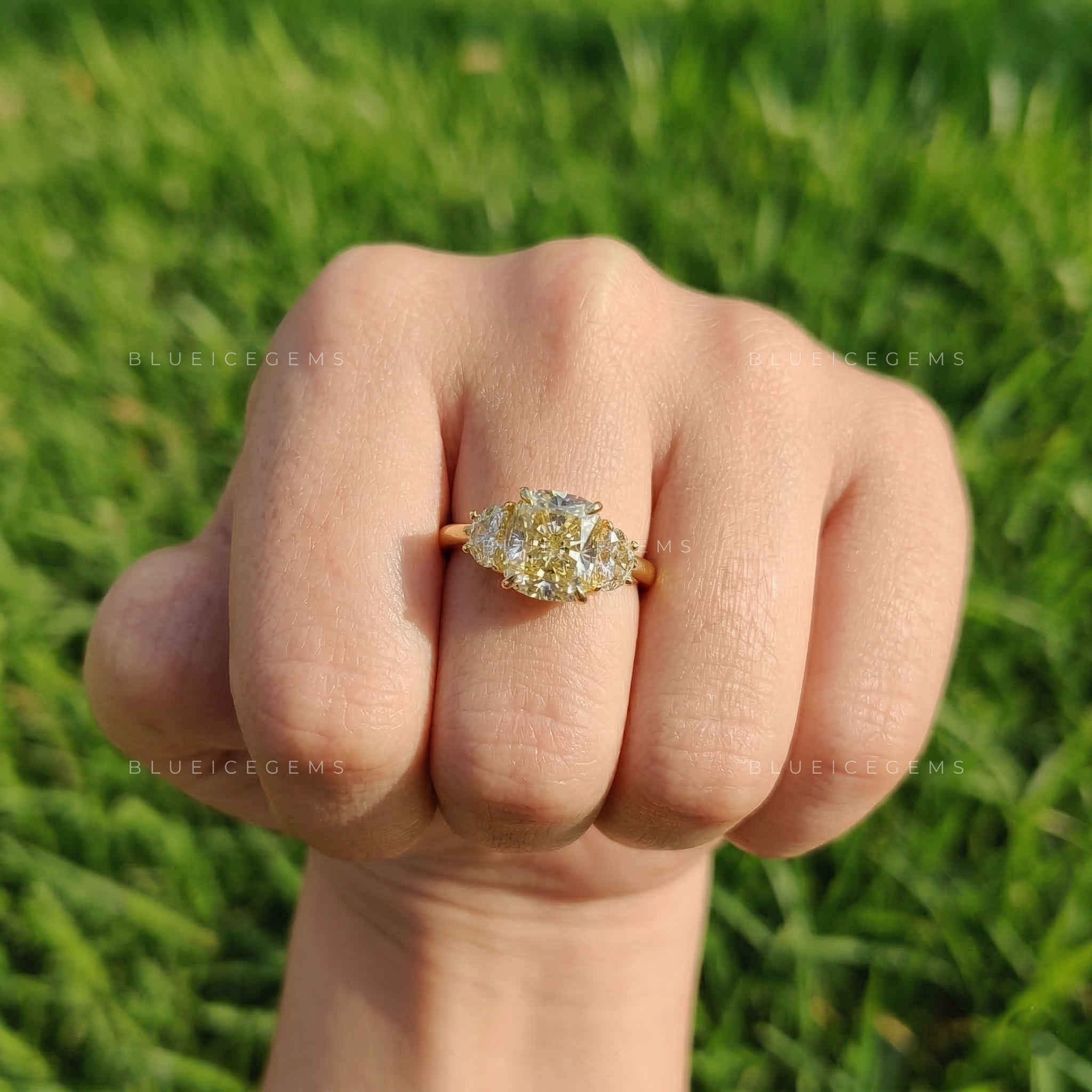 Golden Glow Cushion Cut Half Moon Trilogy Ring