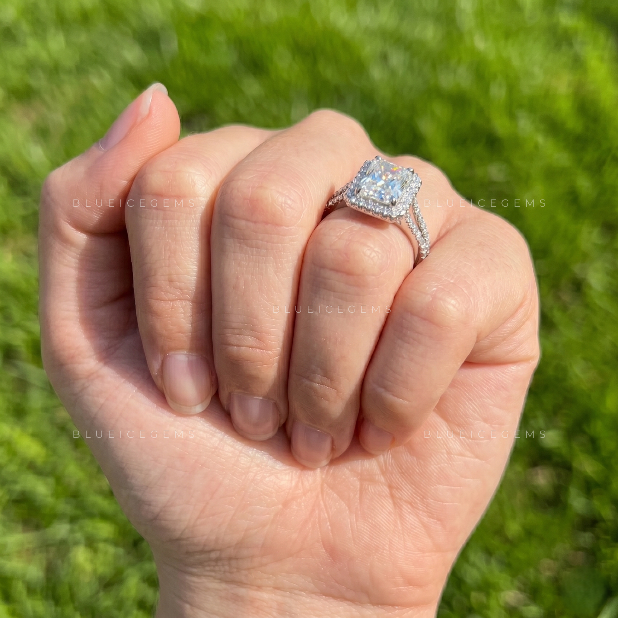 Exquisite Glamour Radiant Cut Halo Split Pave Shank Engagement Ring