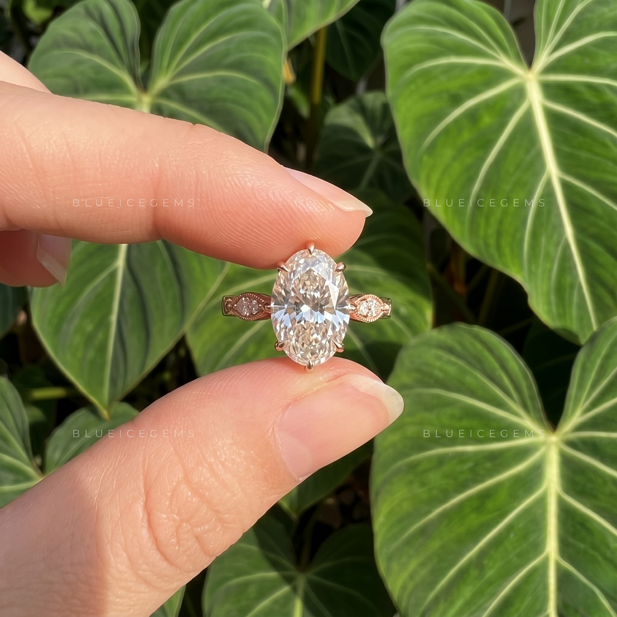 Vintage Inspired Oval Cut Compass Prong Engagement Ring with Diamond Accents